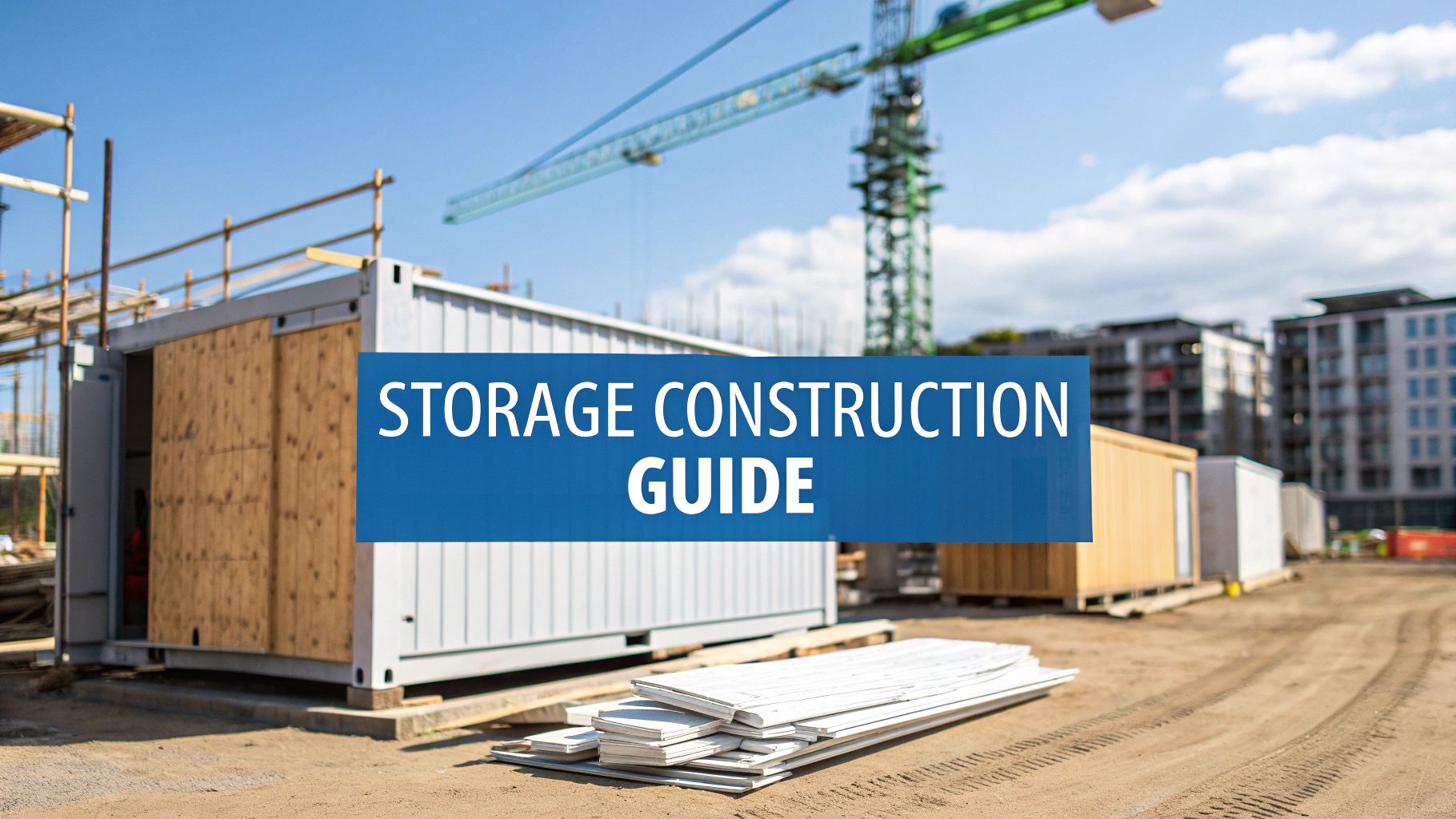 Construction site with shipping container-style storage units, building materials, and a crane in the background. A blue banner across the image reads "STORAGE CONSTRUCTION GUIDE.