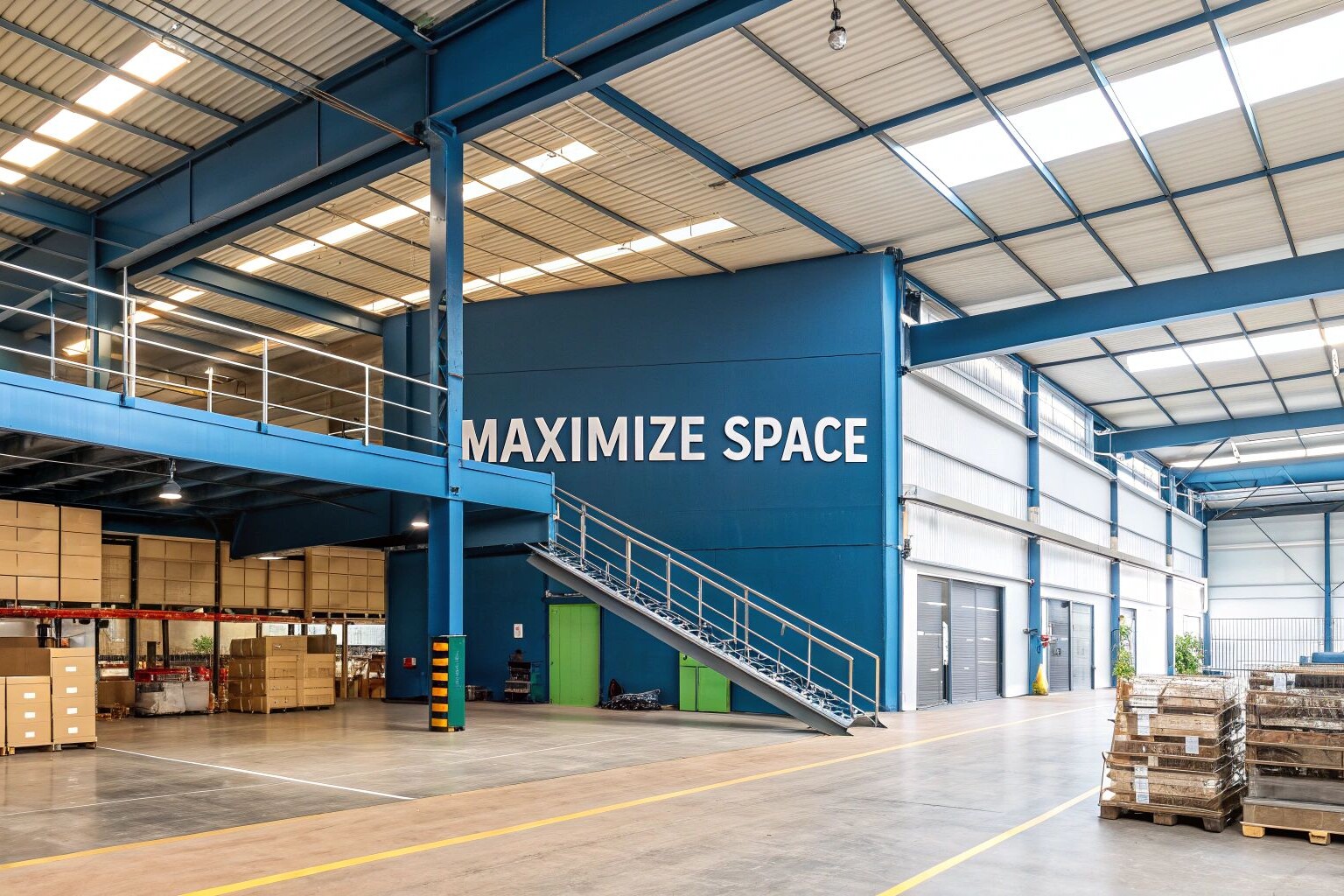 Spacious modern warehouse interior with high ceilings, stacked pallets, shelves of boxes, a mezzanine with stairs, and a large blue wall displaying the words 