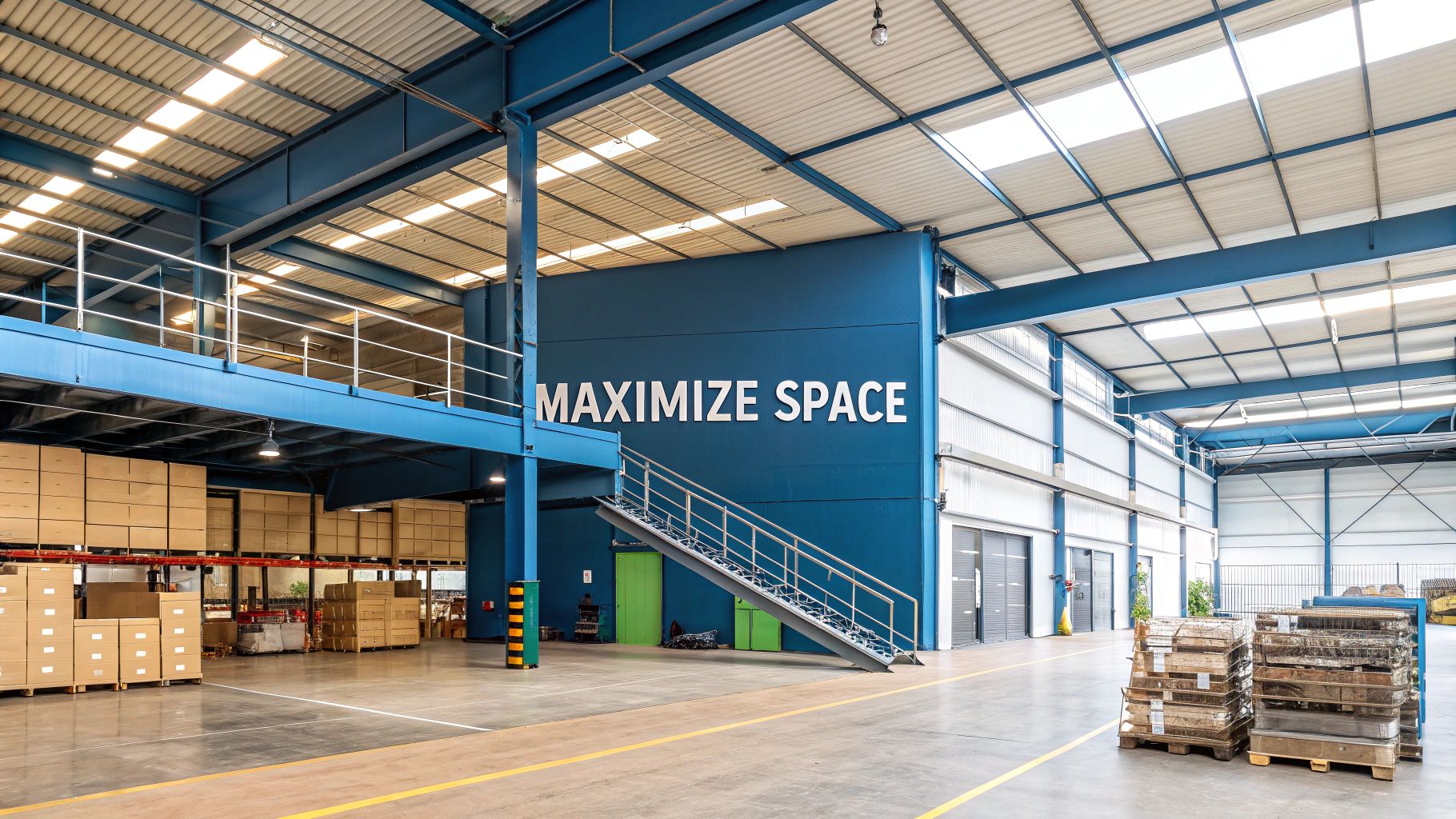 Spacious modern warehouse interior with high ceilings, stacked pallets, shelves of boxes, a mezzanine with stairs, and a large blue wall displaying the words "MAXIMIZE SPACE.