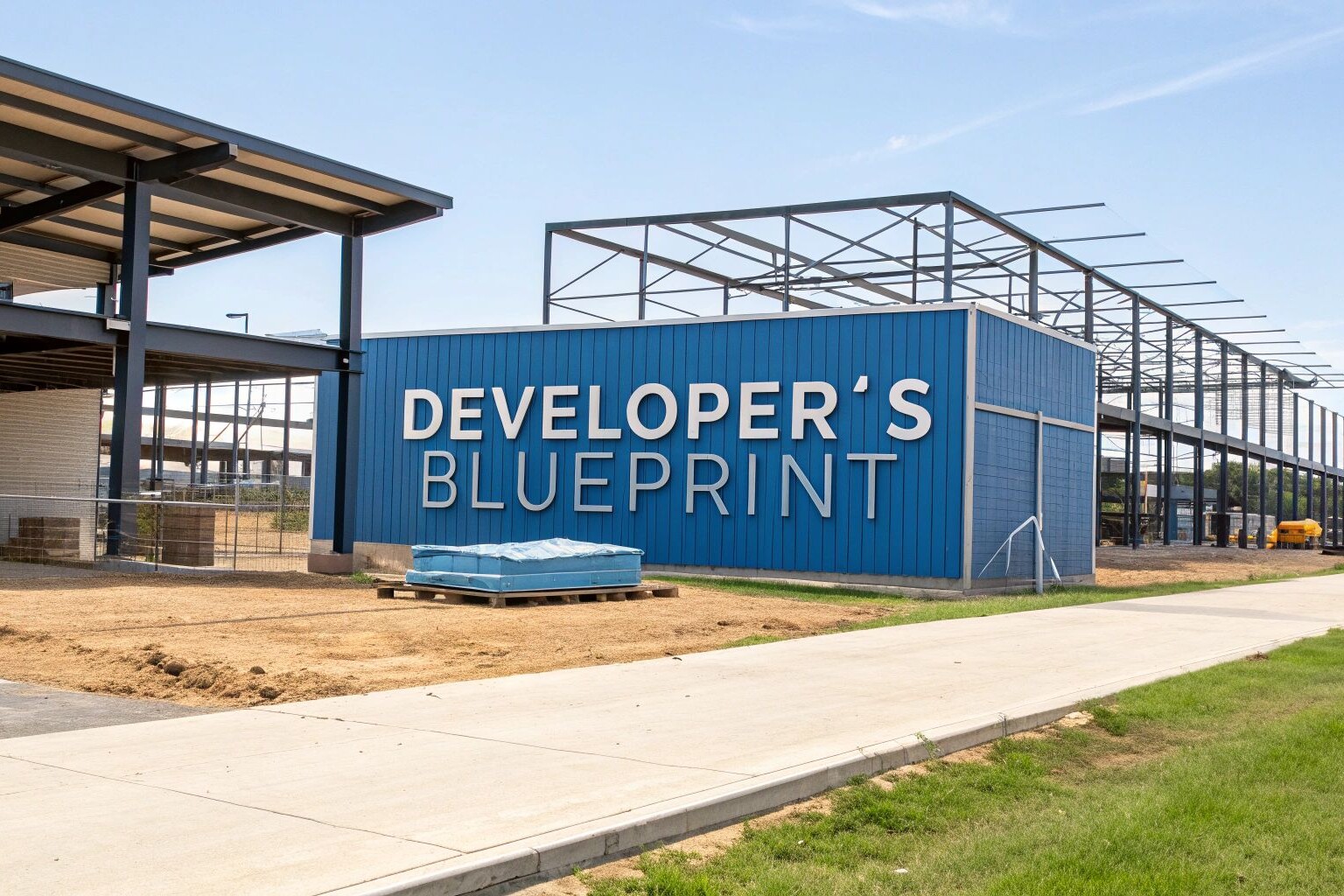 A blue building under construction with the words 