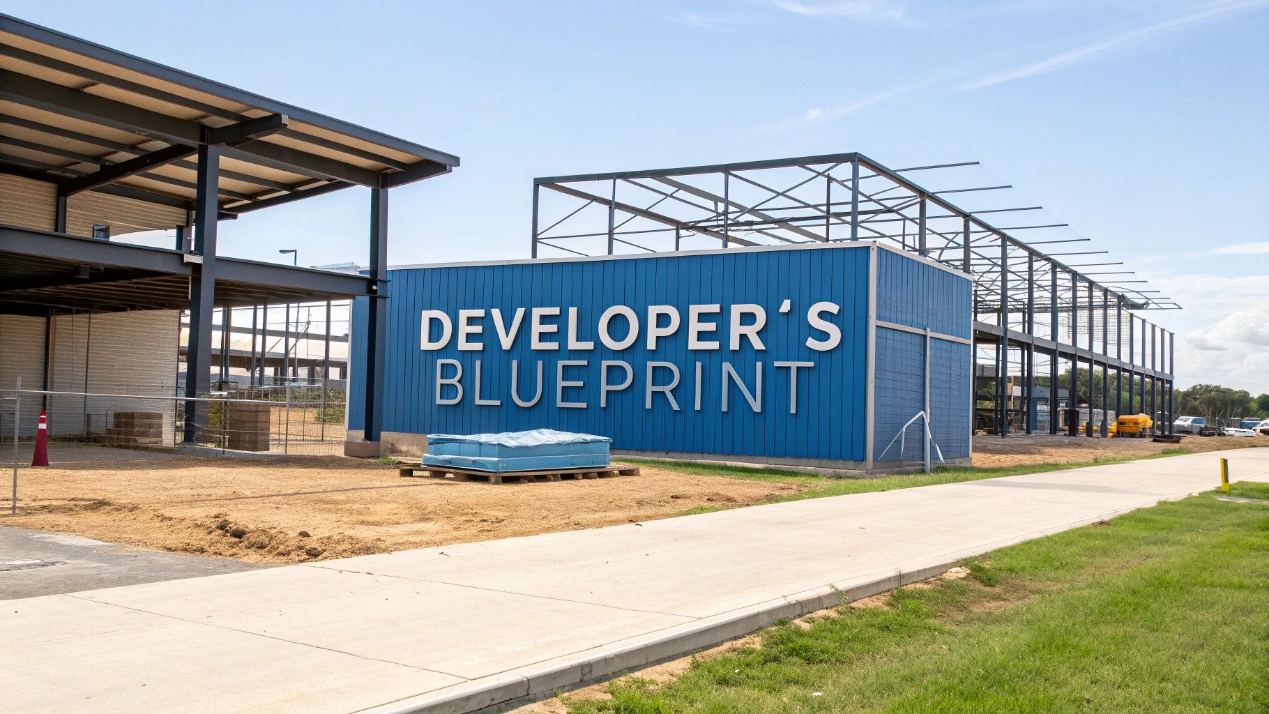 A blue building under construction with the words "Developer's Blueprint" on its side, surrounded by steel frames, dirt, construction materials, and a sidewalk with green grass.