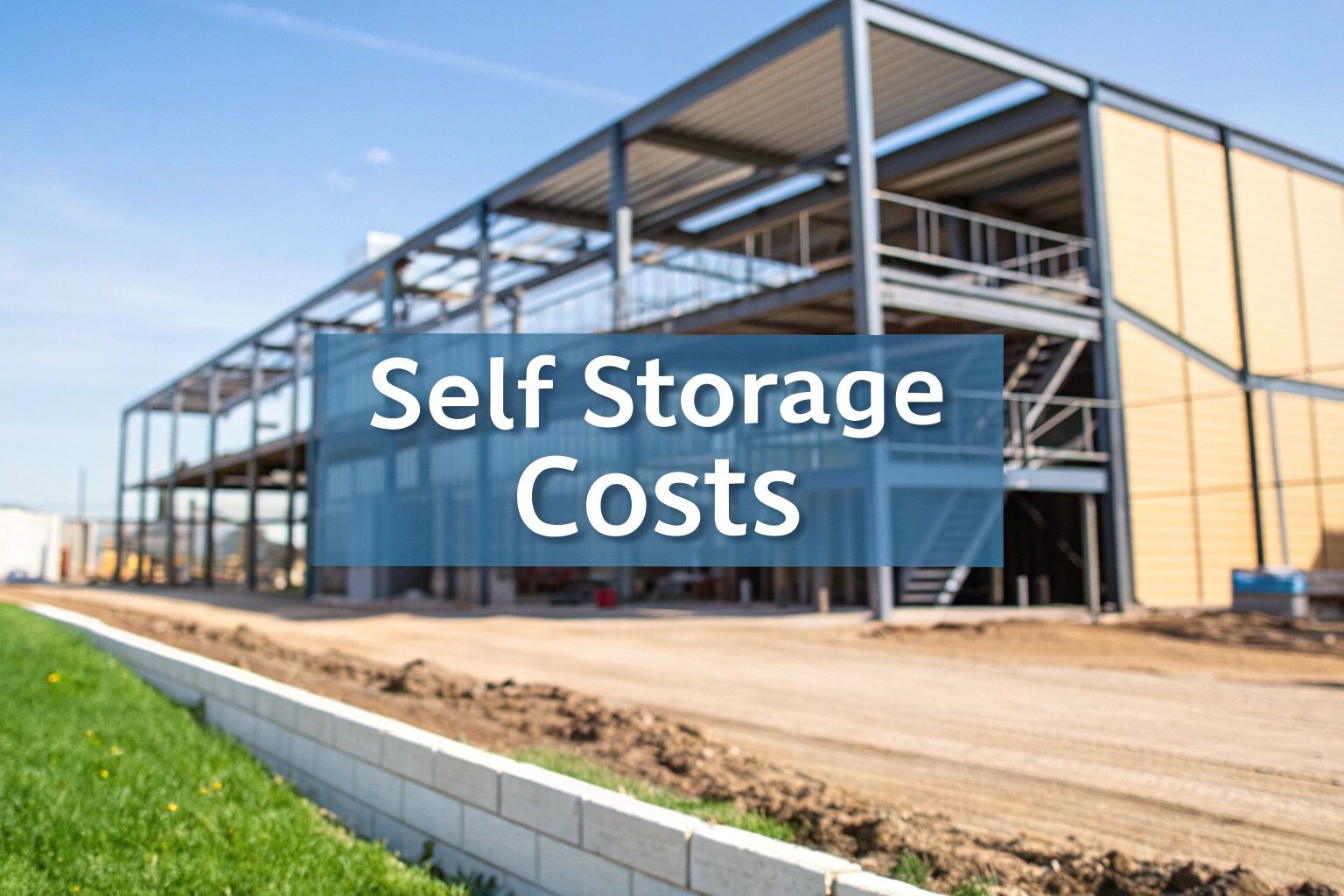 A modern self-storage facility under construction with steel frames and a partially completed exterior. The words “Self Storage Costs” are displayed in large text over the image.