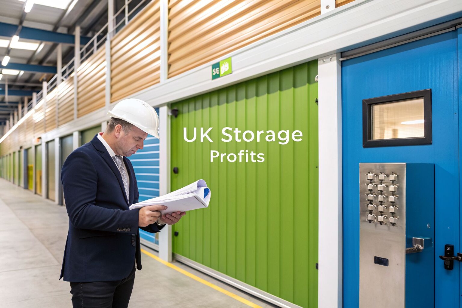 A man in a suit and hard hat reviews documents in a brightly lit storage facility hallway with blue and green doors. Text on the image reads 