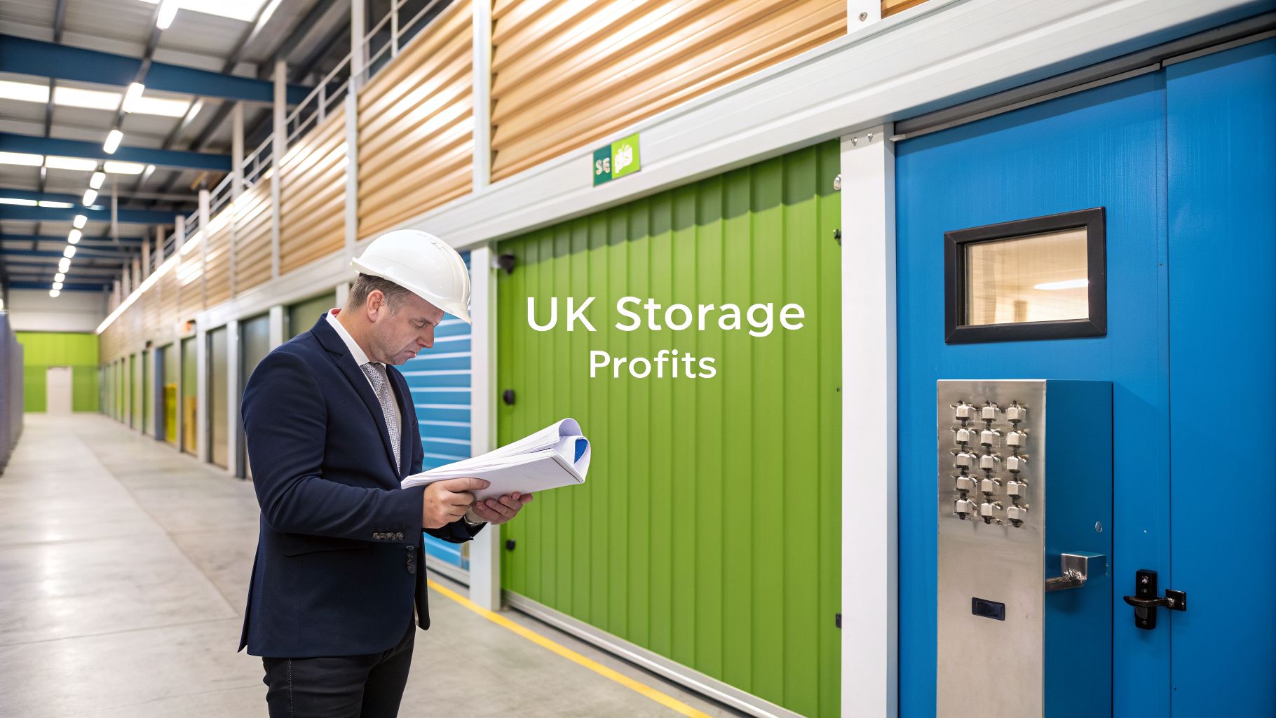 A man in a suit and hard hat reviews documents in a brightly lit storage facility hallway with blue and green doors. Text on the image reads "UK Storage Profits.