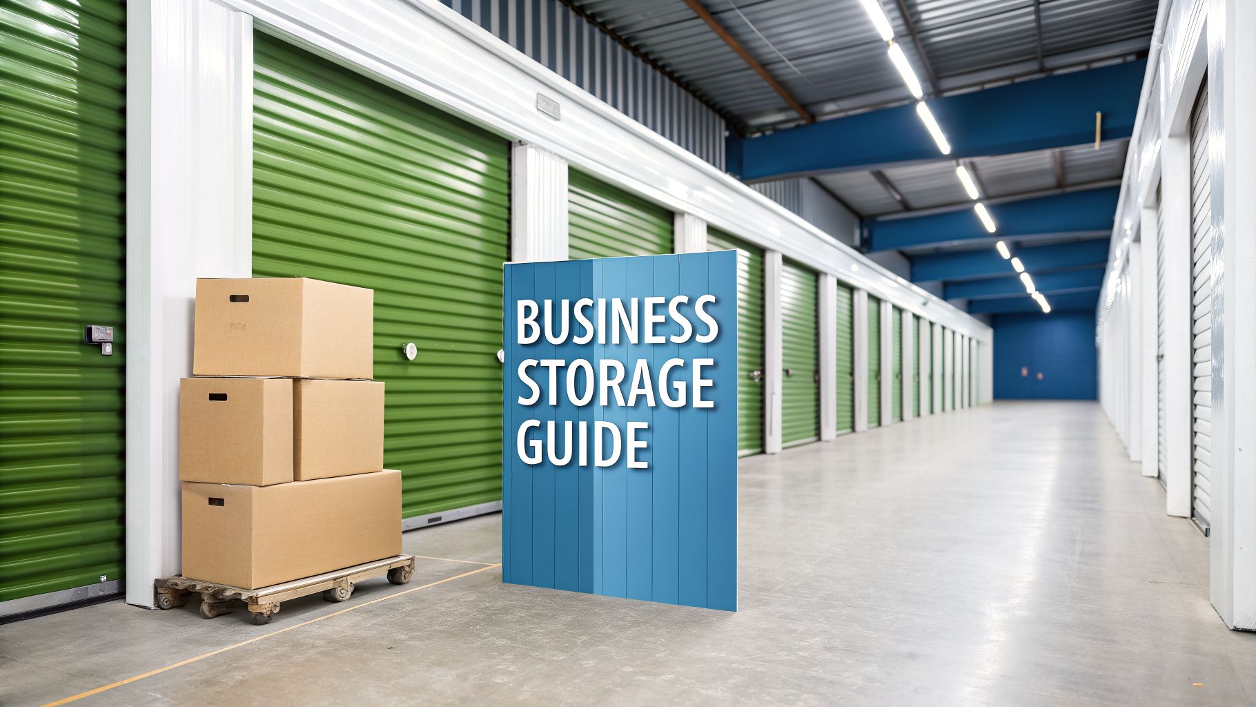 A warehouse hallway with green storage unit doors, a stack of cardboard boxes on a dolly, and a blue sign reading "Business Storage Guide.