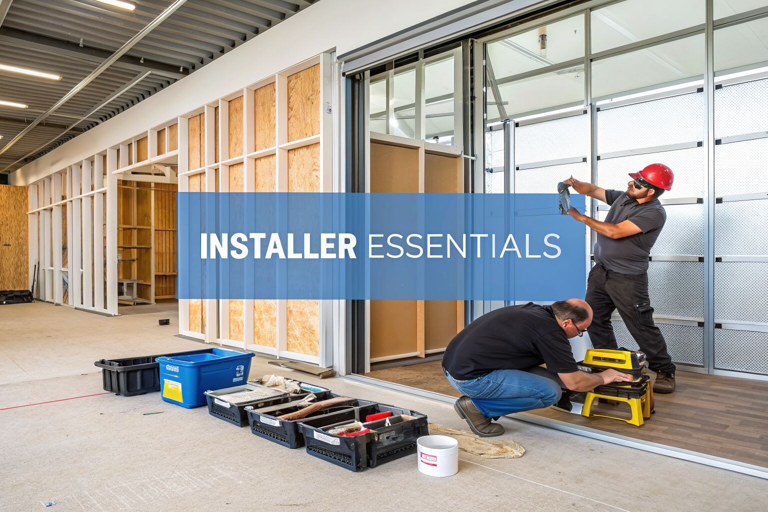 Two workers install sliding glass partition walls in a modern building interior. One stands measuring the frame, wearing a red helmet, while the other kneels using tools. Various toolboxes line the floor. Text reads 