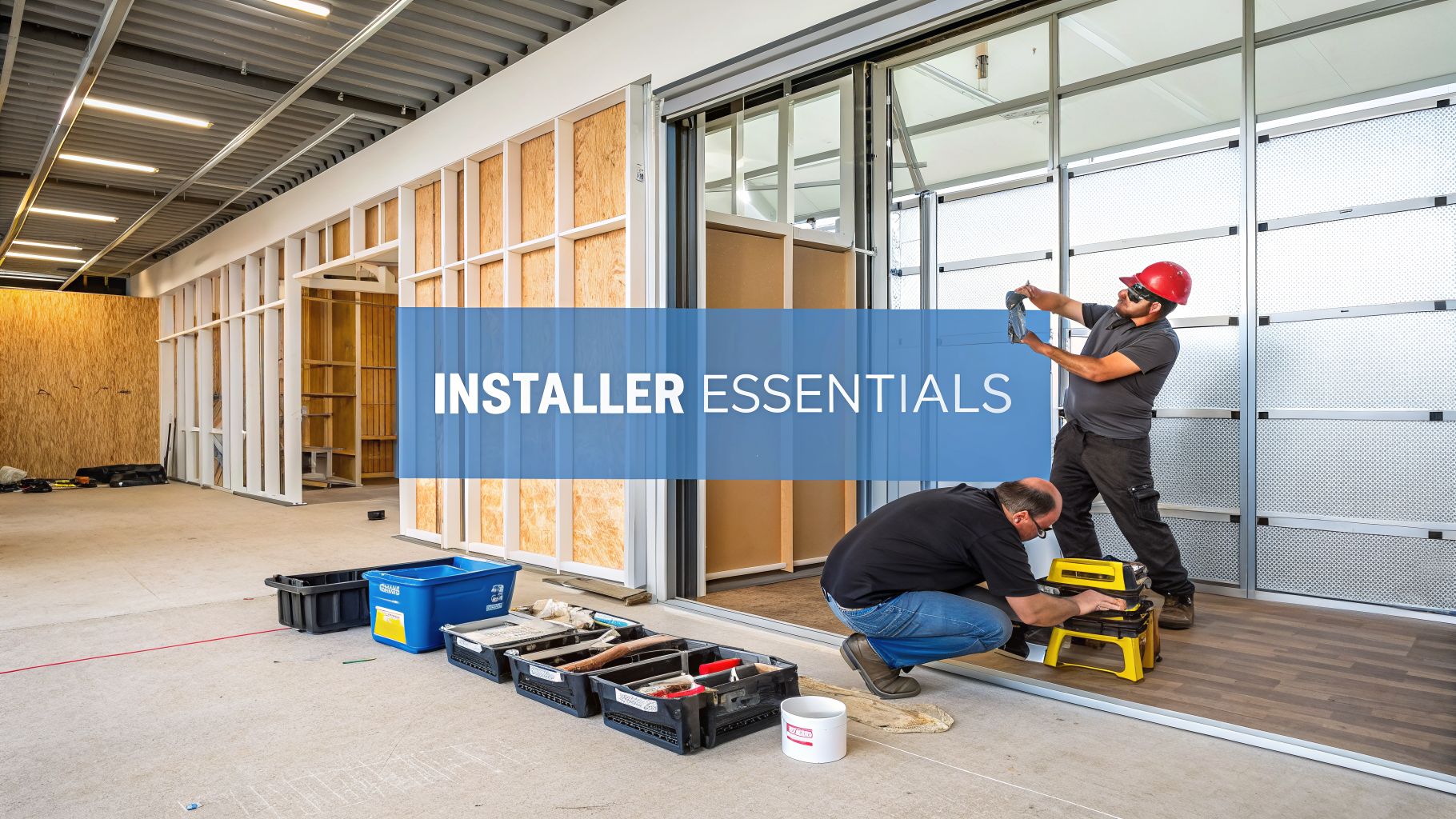 Two workers install sliding glass partition walls in a modern building interior. One stands measuring the frame, wearing a red helmet, while the other kneels using tools. Various toolboxes line the floor. Text reads "INSTALLER ESSENTIALS.