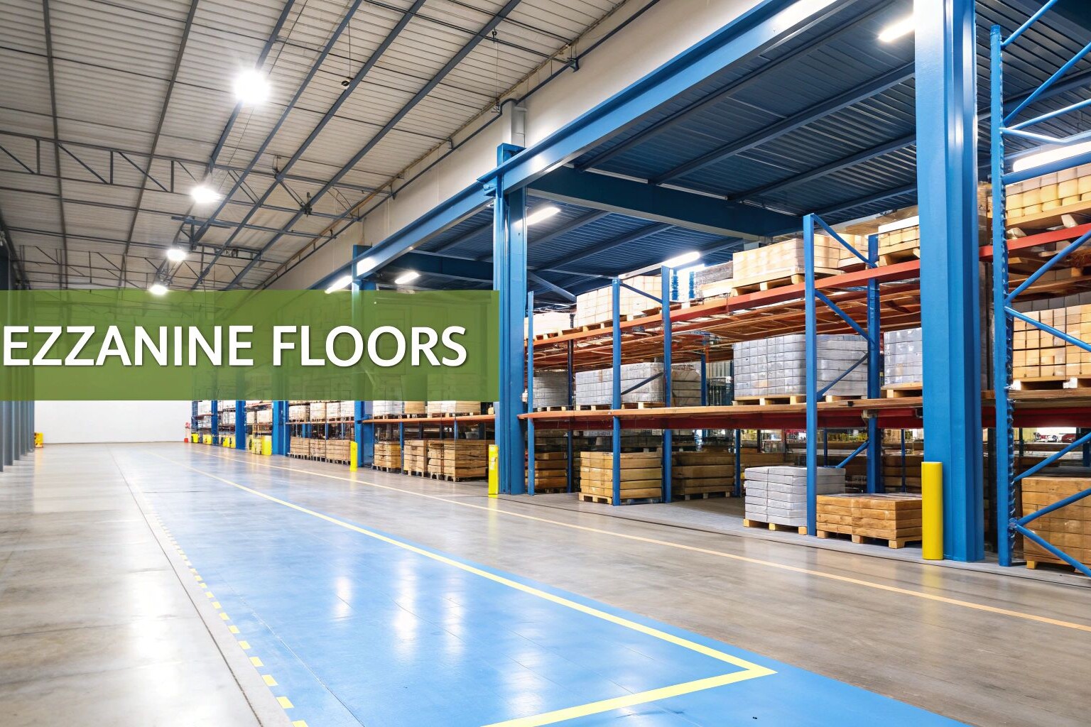 A spacious warehouse with tall blue steel racks holding pallets of goods on multiple levels, illustrating mezzanine floors. The words “MEZZANINE FLOORS” appear on a green banner overlay.