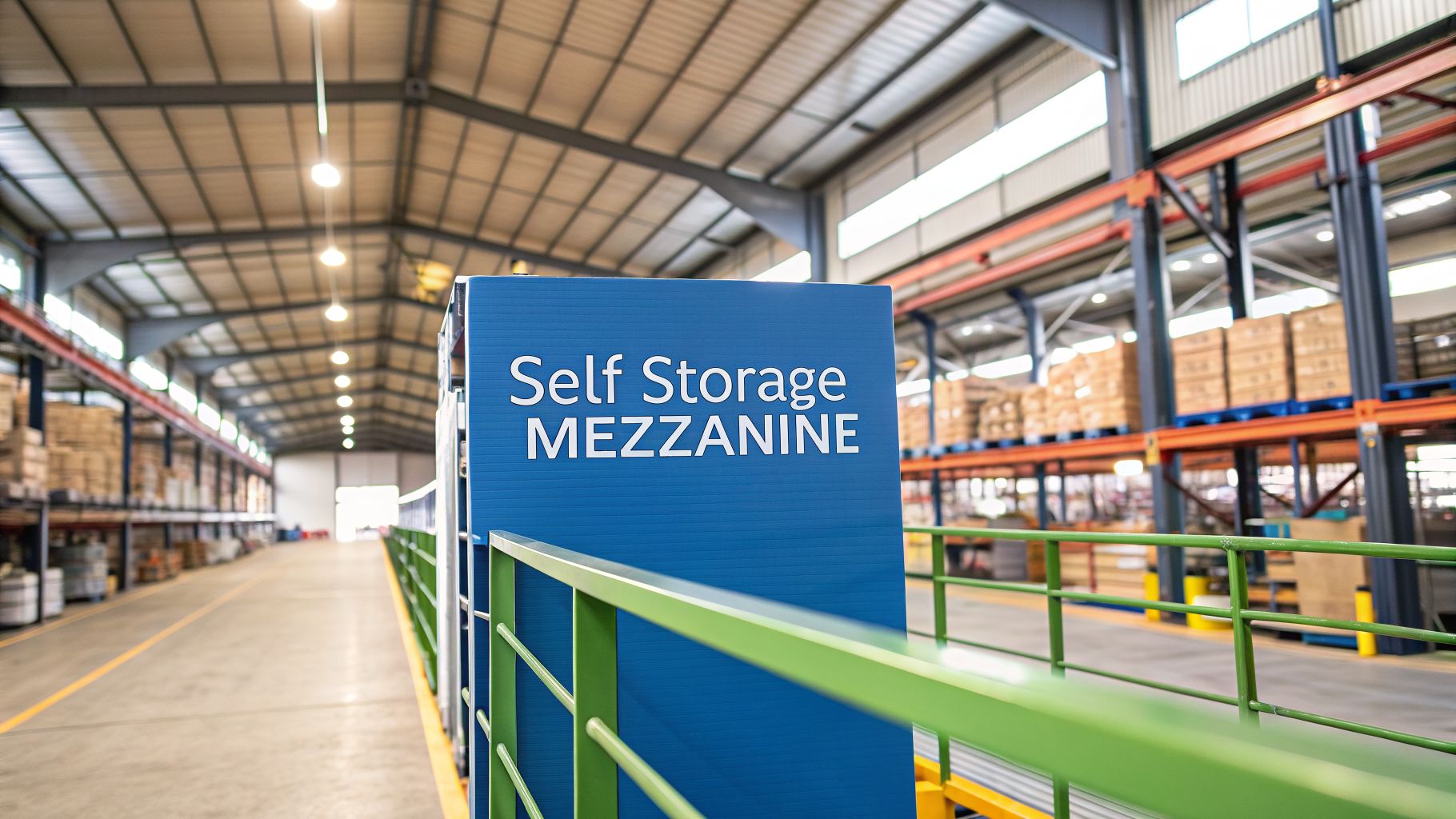 Blue sign reading "Self Storage Mezzanine" in a large warehouse with high ceilings, shelves stocked with boxes, and a green railing along the mezzanine level walkway.