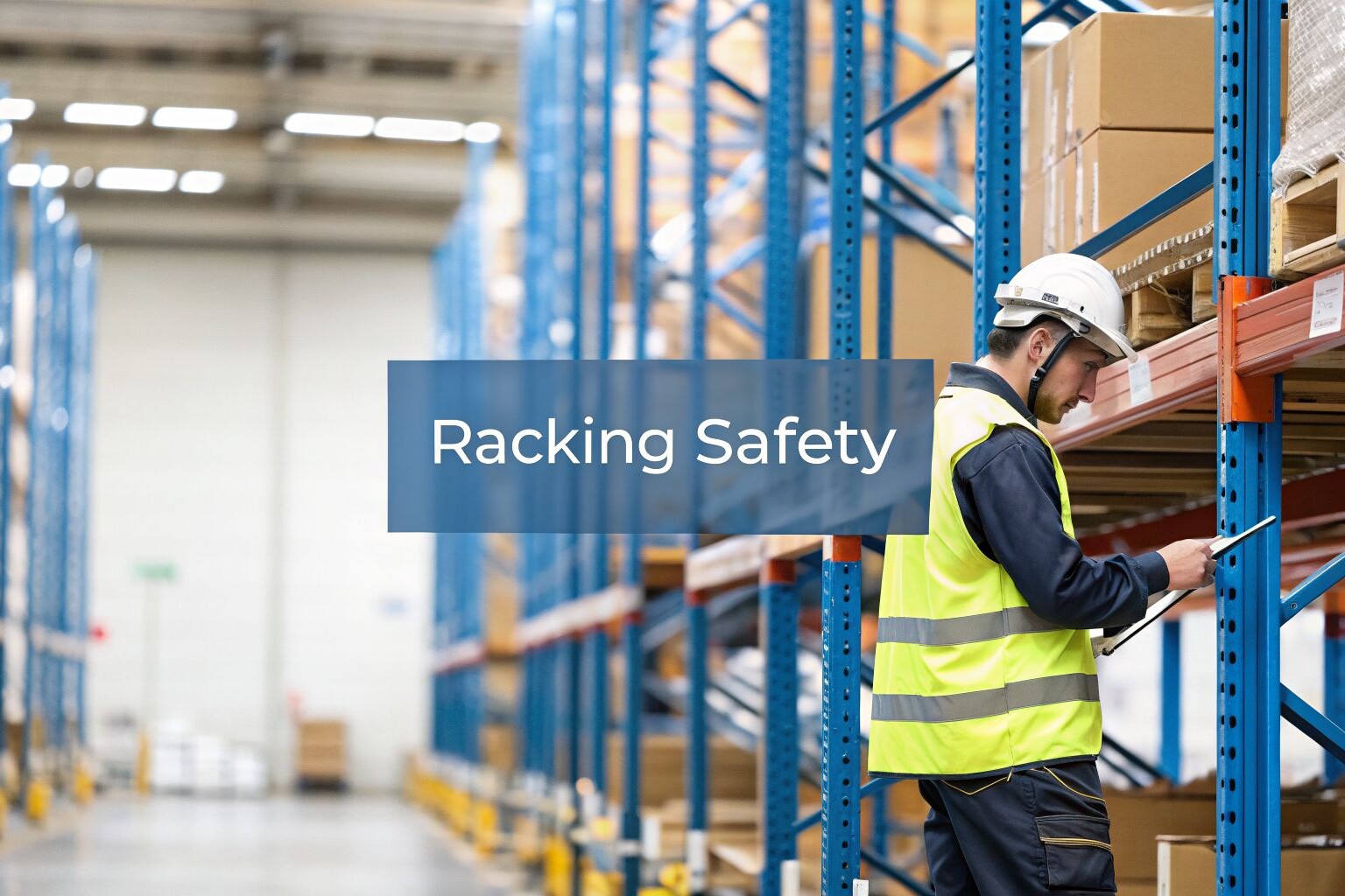A warehouse worker in a safety vest and helmet inspects shelving racks filled with boxes. The words 