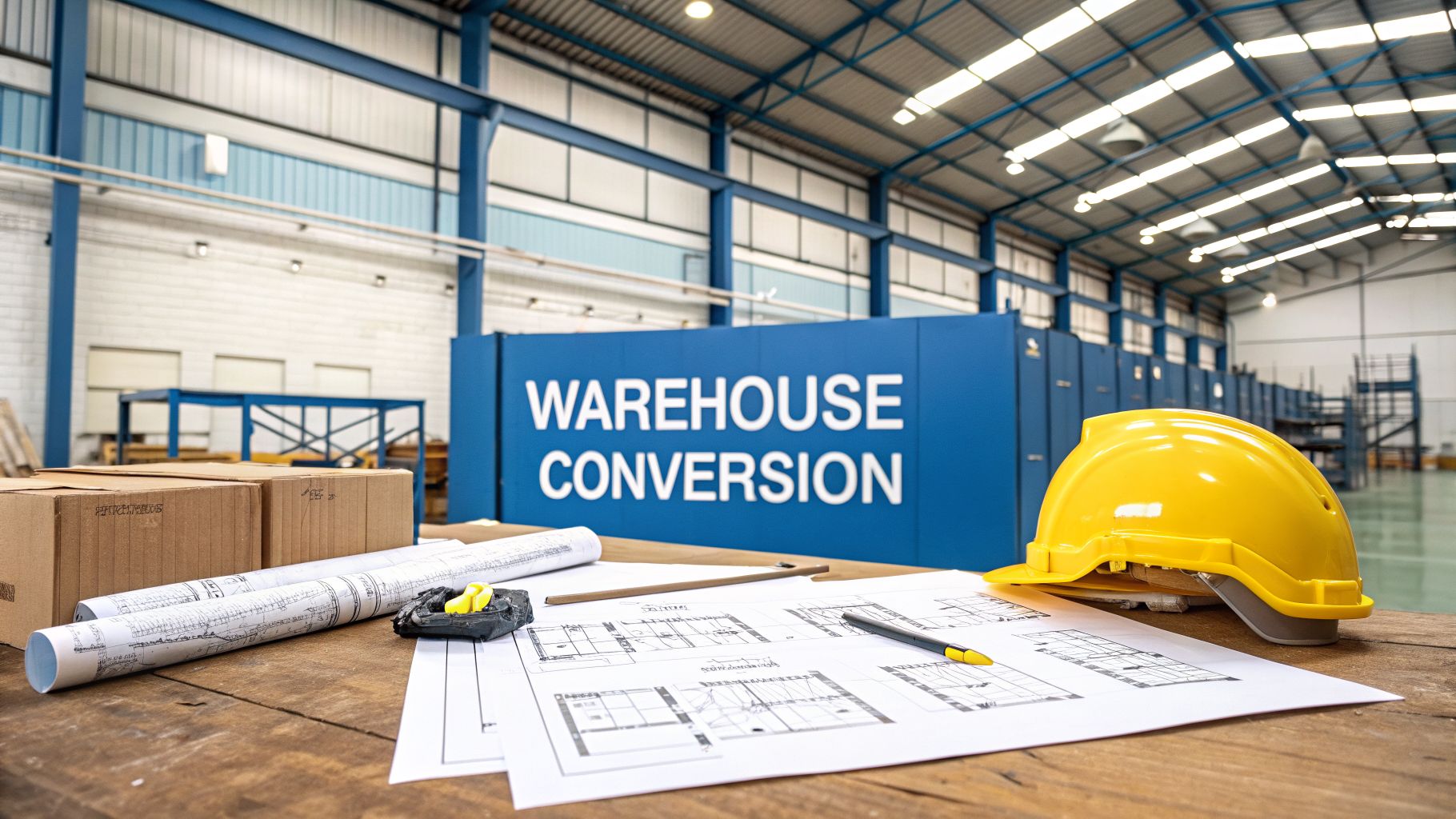 Blueprints, a yellow hard hat, and a measuring tape rest on a wooden table in a large warehouse. A sign in the background reads “WAREHOUSE CONVERSION.” The space has high ceilings with metal beams and bright lighting.