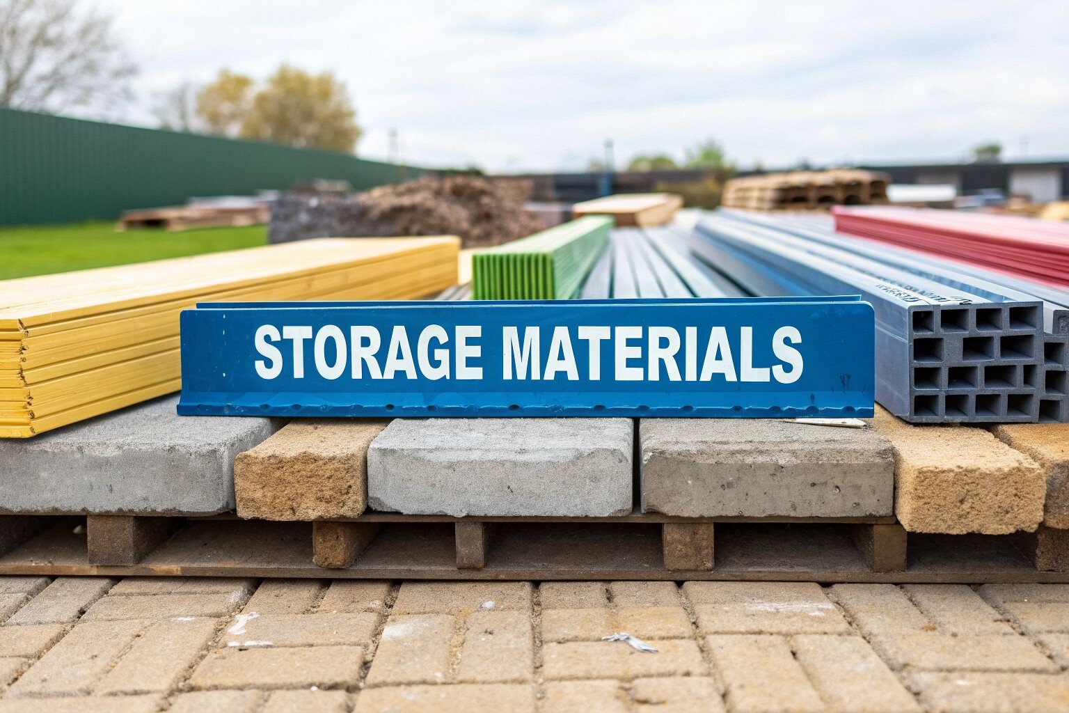 Stacks of construction materials, including wooden planks, bricks, and metal beams, are organized outdoors on pallets. A blue sign in front reads 