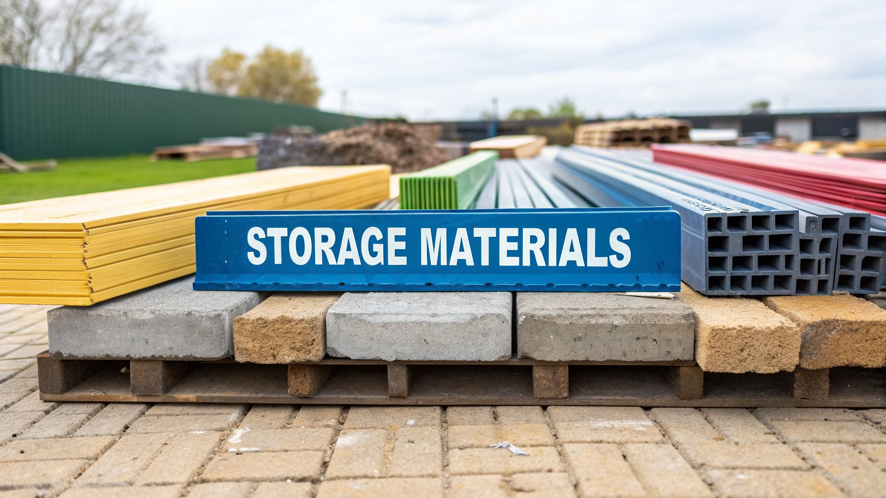 Stacks of construction materials, including wooden planks, bricks, and metal beams, are organized outdoors on pallets. A blue sign in front reads "STORAGE MATERIALS." The area is paved and surrounded by greenery.