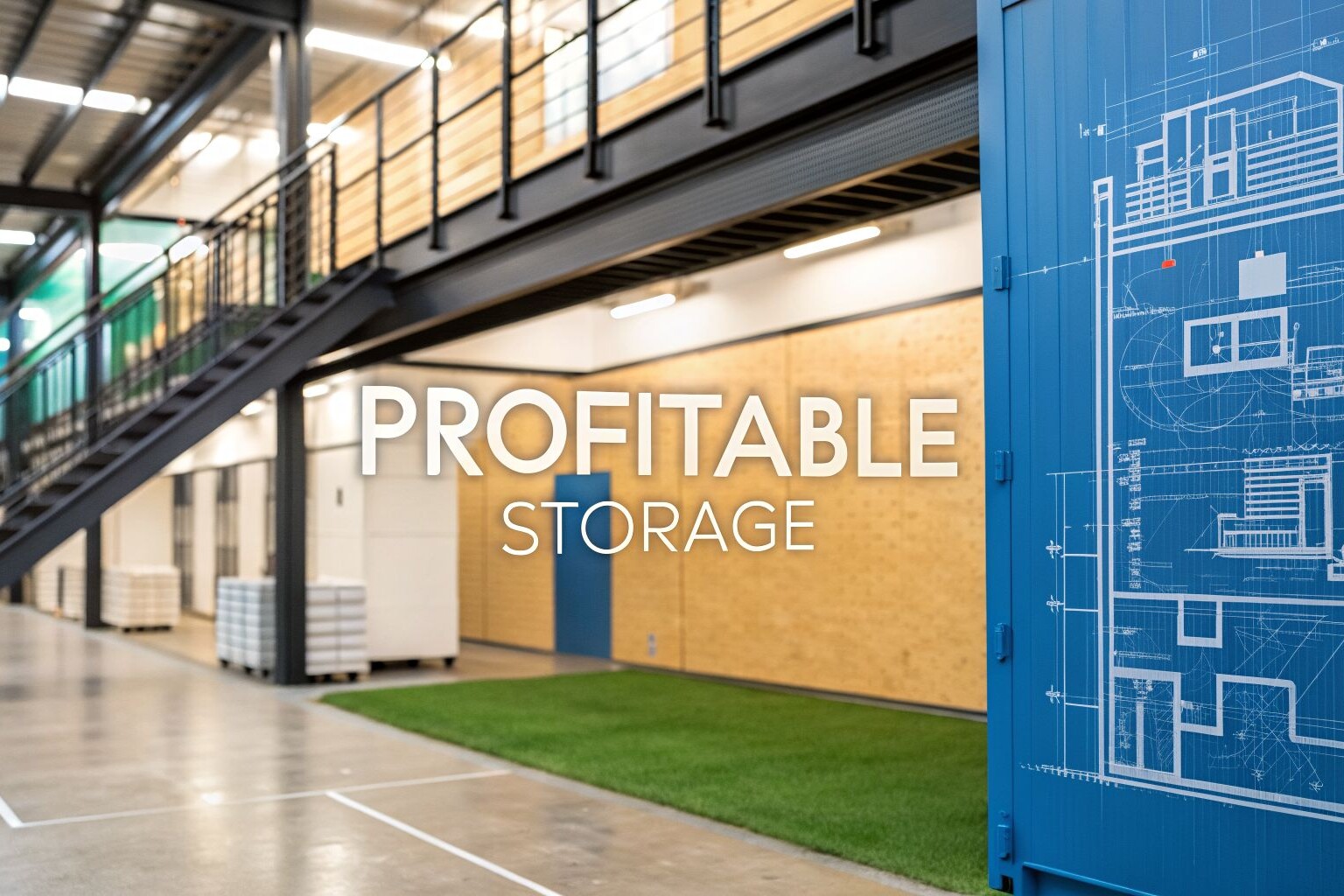 Modern storage facility interior with a mezzanine level, artificial grass floor area, industrial stairs, and a blue door featuring architectural blueprints. The words 