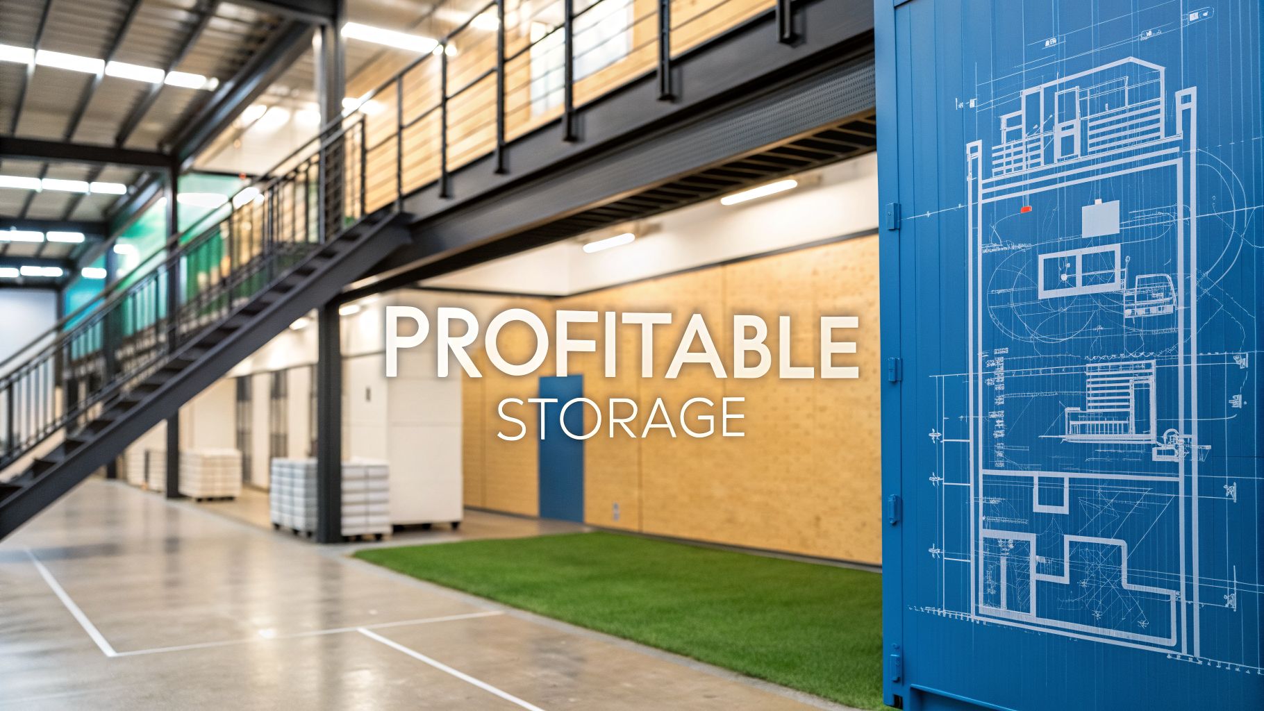 Modern storage facility interior with a mezzanine level, artificial grass floor area, industrial stairs, and a blue door featuring architectural blueprints. The words "Profitable Storage" are prominently displayed in the center.