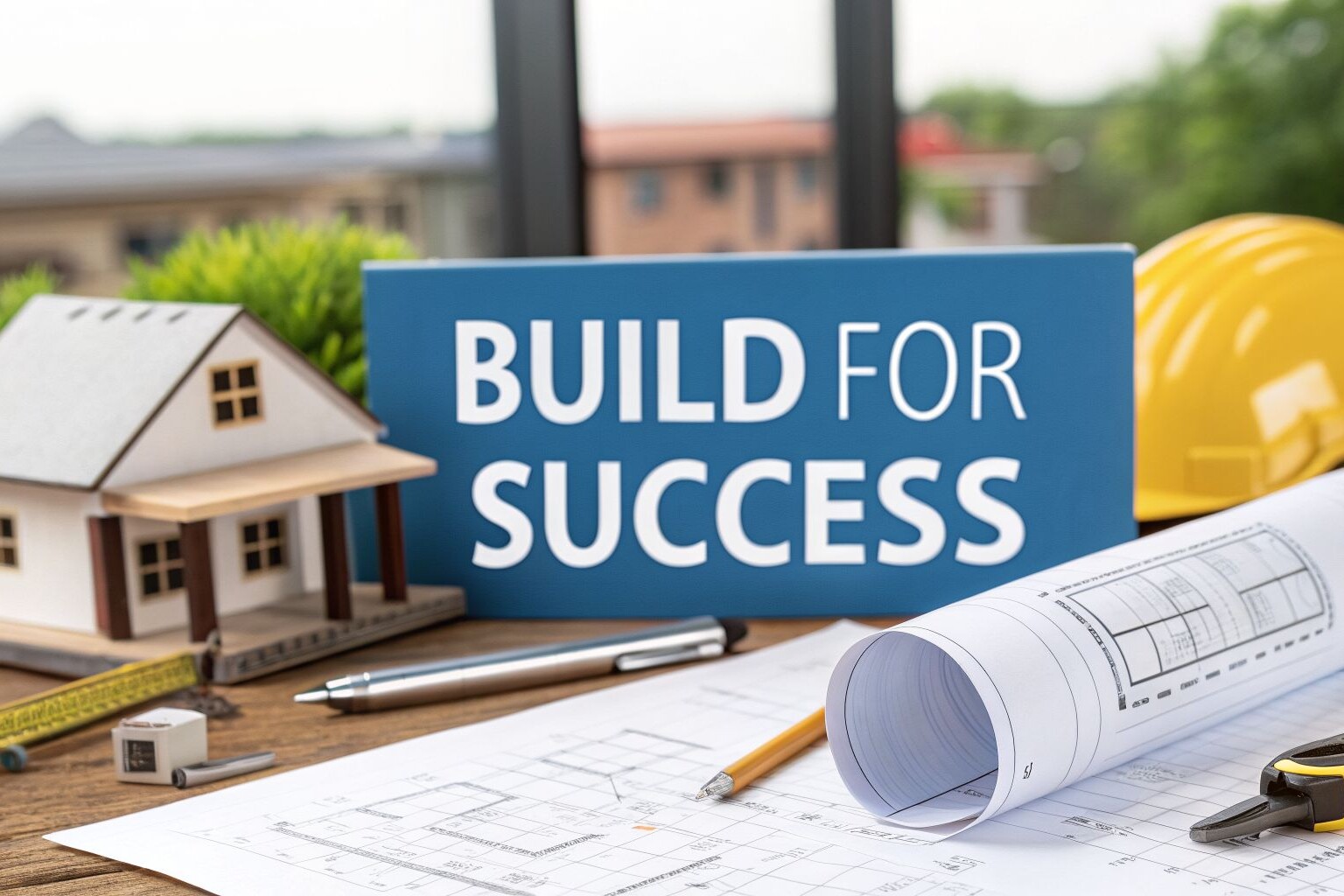 A table with architectural blueprints, a model house, a yellow hard hat, measuring tools, and a sign that reads 