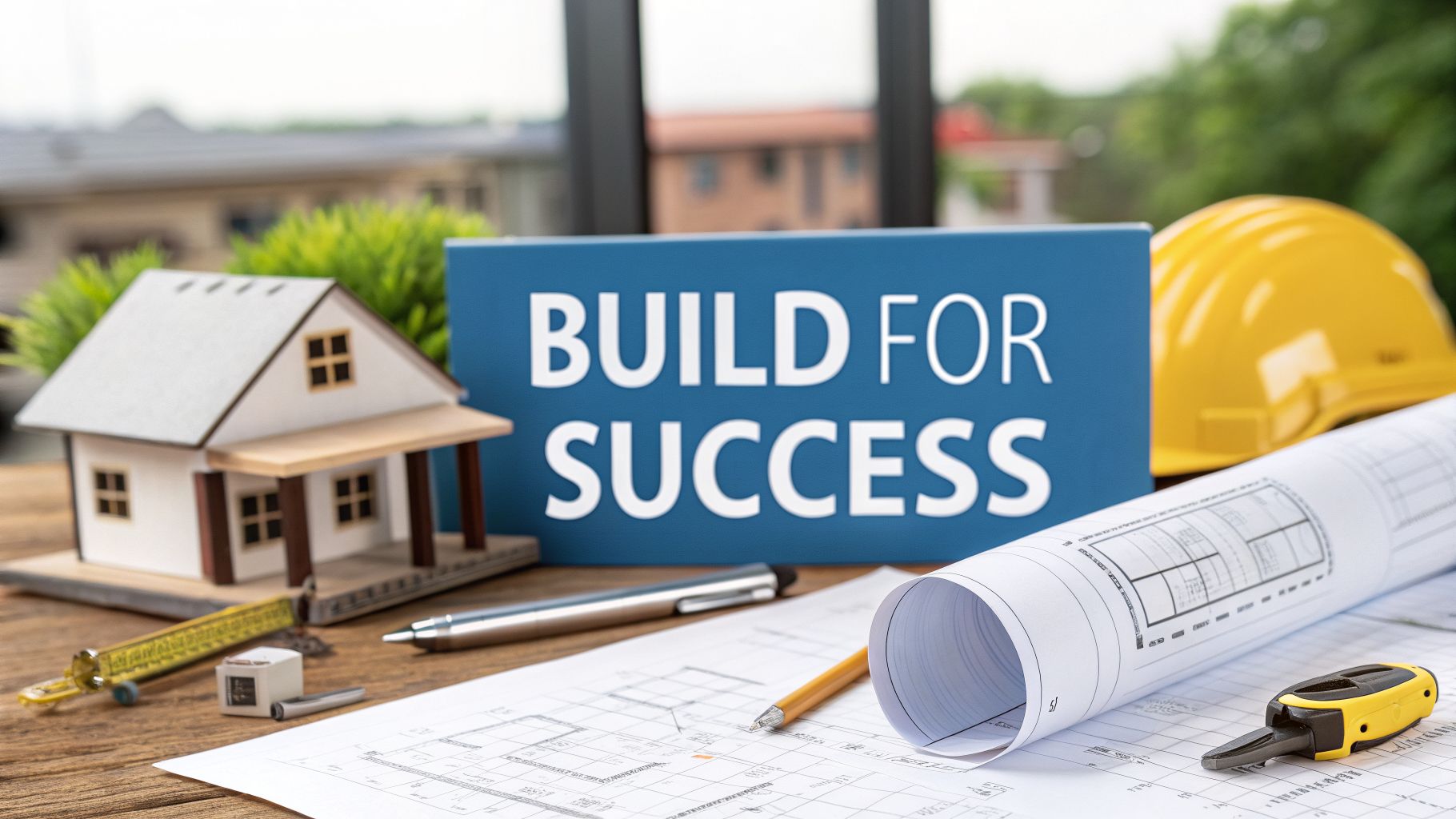 A table with architectural blueprints, a model house, a yellow hard hat, measuring tools, and a sign that reads 