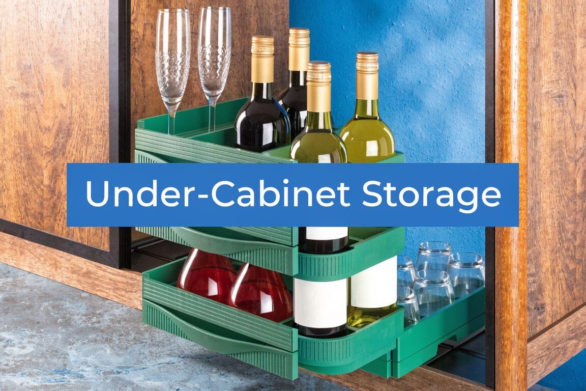 A green pull-out storage rack under a cabinet holds wine bottles, wine glasses, and tumblers. The text 
