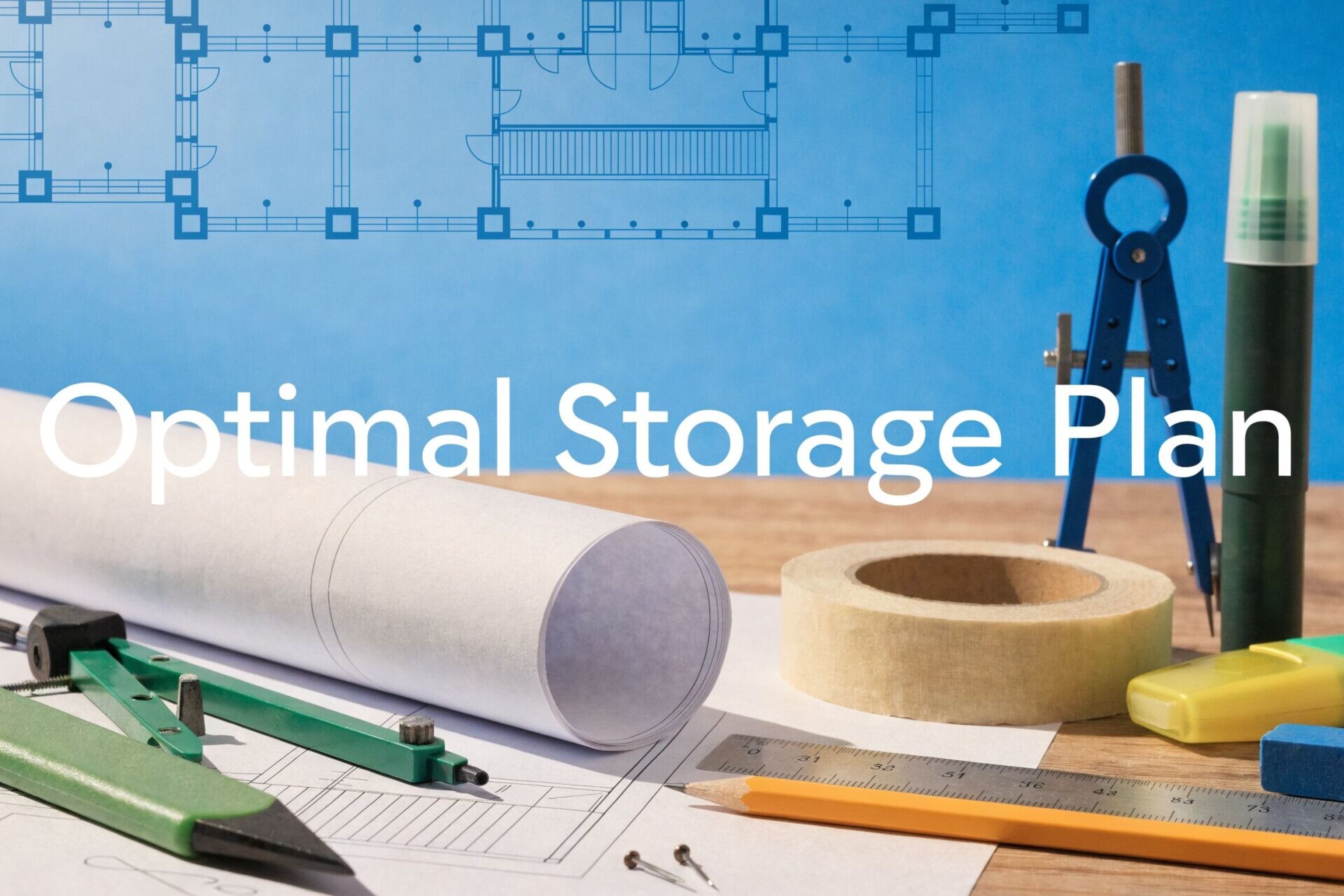 A workspace with architectural drawings, drafting tools, tape, a ruler, a green marker, and a highlighter, with “Optimal Storage Plan” text overlay and a blueprint background.