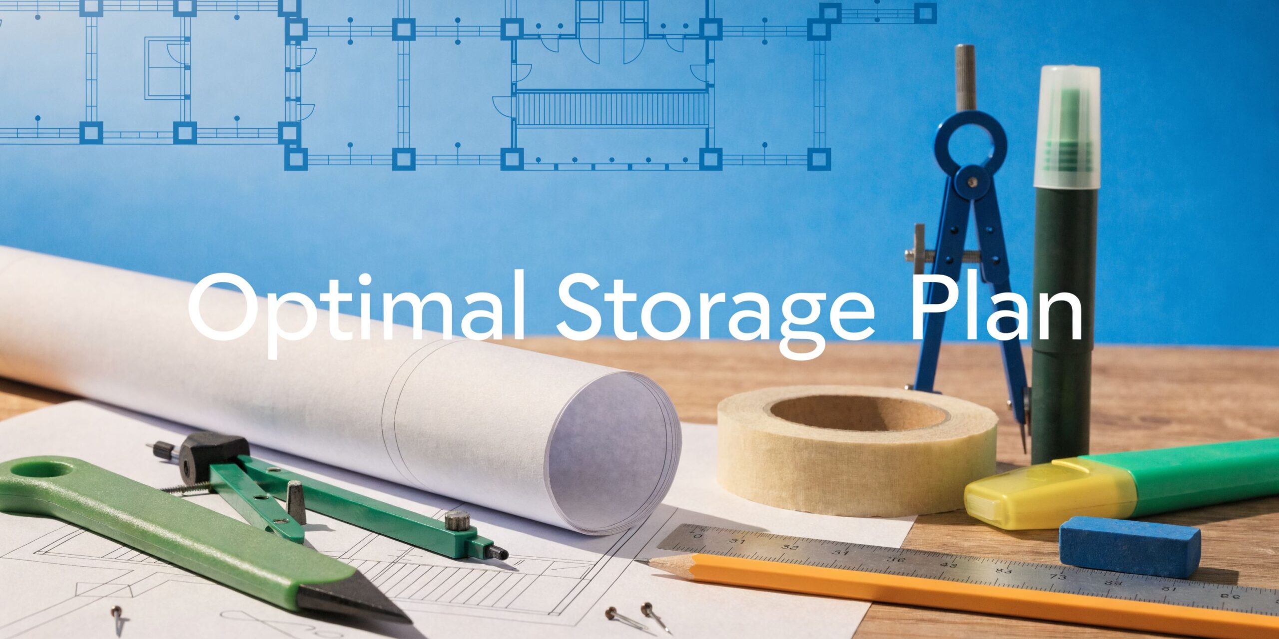 A workspace with architectural drawings, drafting tools, tape, a ruler, a green marker, and a highlighter, with “Optimal Storage Plan” text overlay and a blueprint background.