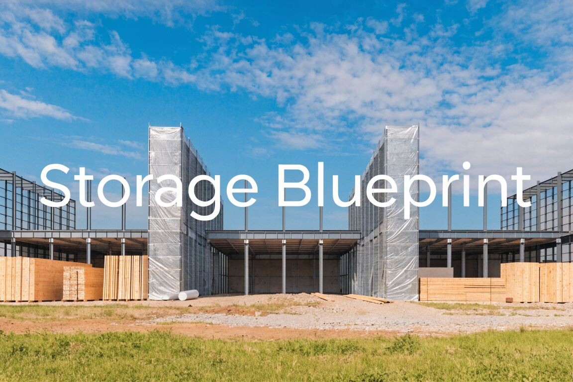 A large storage facility under construction, with steel framework and stacks of lumber in front, under a blue sky with scattered clouds. The words 
