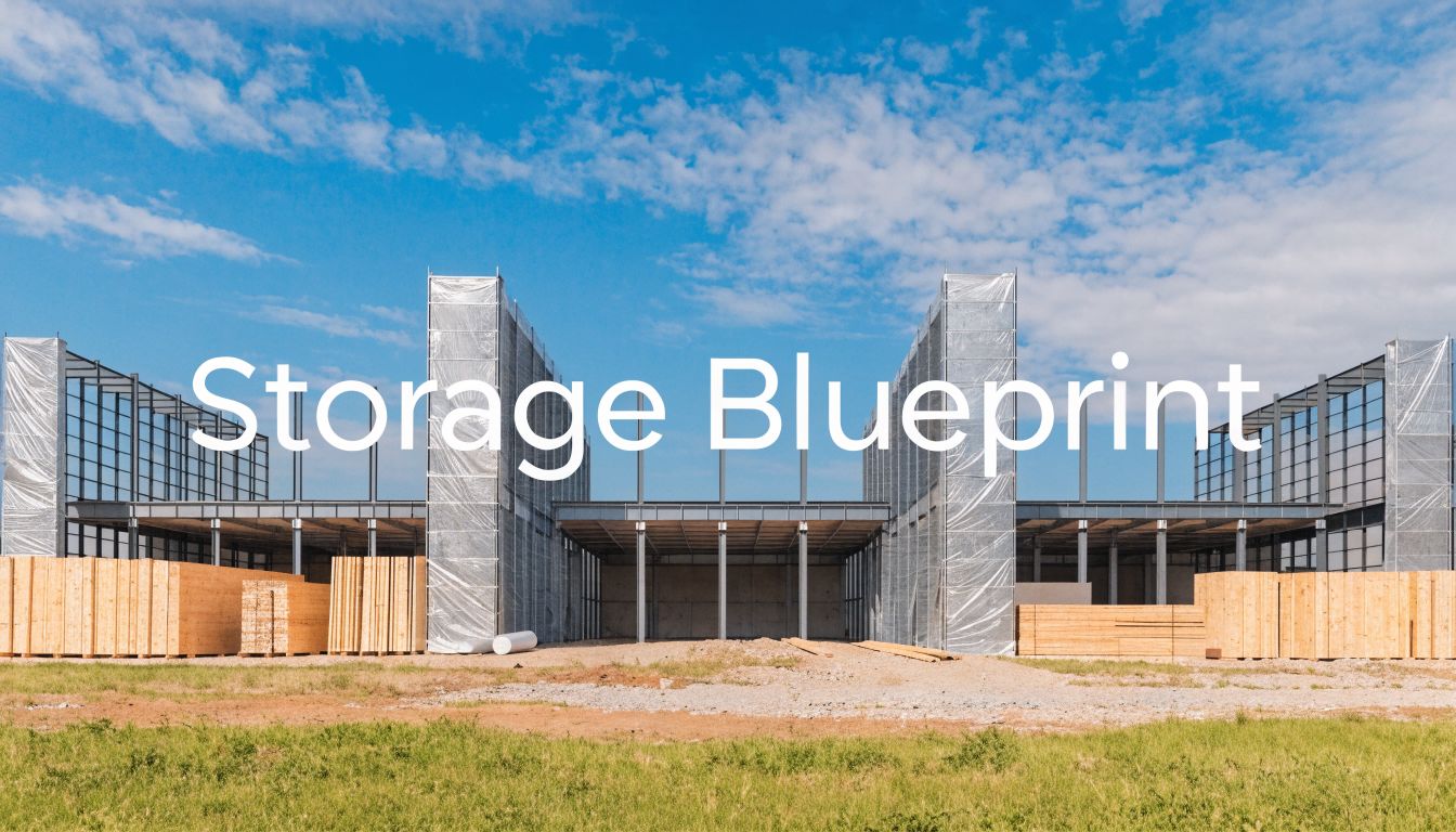 A large storage facility under construction, with steel framework and stacks of lumber in front, under a blue sky with scattered clouds. The words 
