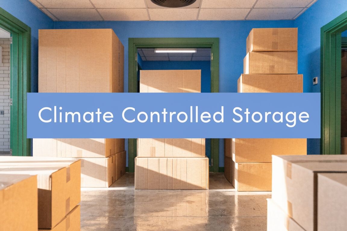 Stacks of cardboard boxes fill a brightly lit room with blue walls and green door frames. Text across the image reads, 