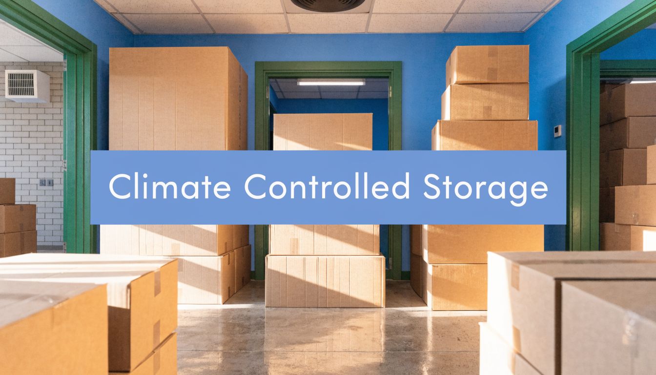 Stacks of cardboard boxes fill a brightly lit room with blue walls and green door frames. Text across the image reads, 