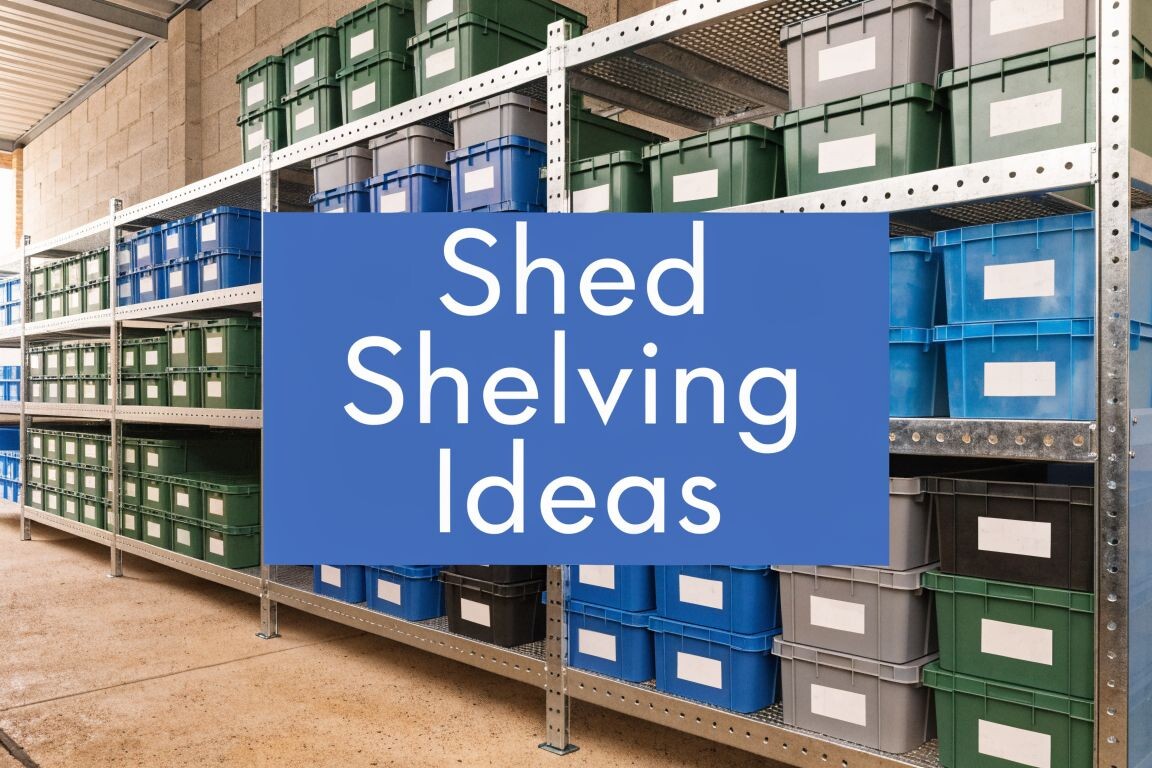 Metal shelving units in a shed hold stacked plastic storage bins in blue, green, and gray. A blue sign in the center reads 