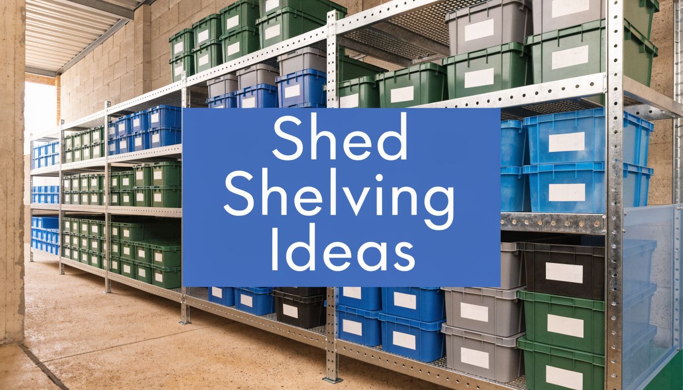 Metal shelving units in a shed hold stacked plastic storage bins in blue, green, and gray. A blue sign in the center reads 
