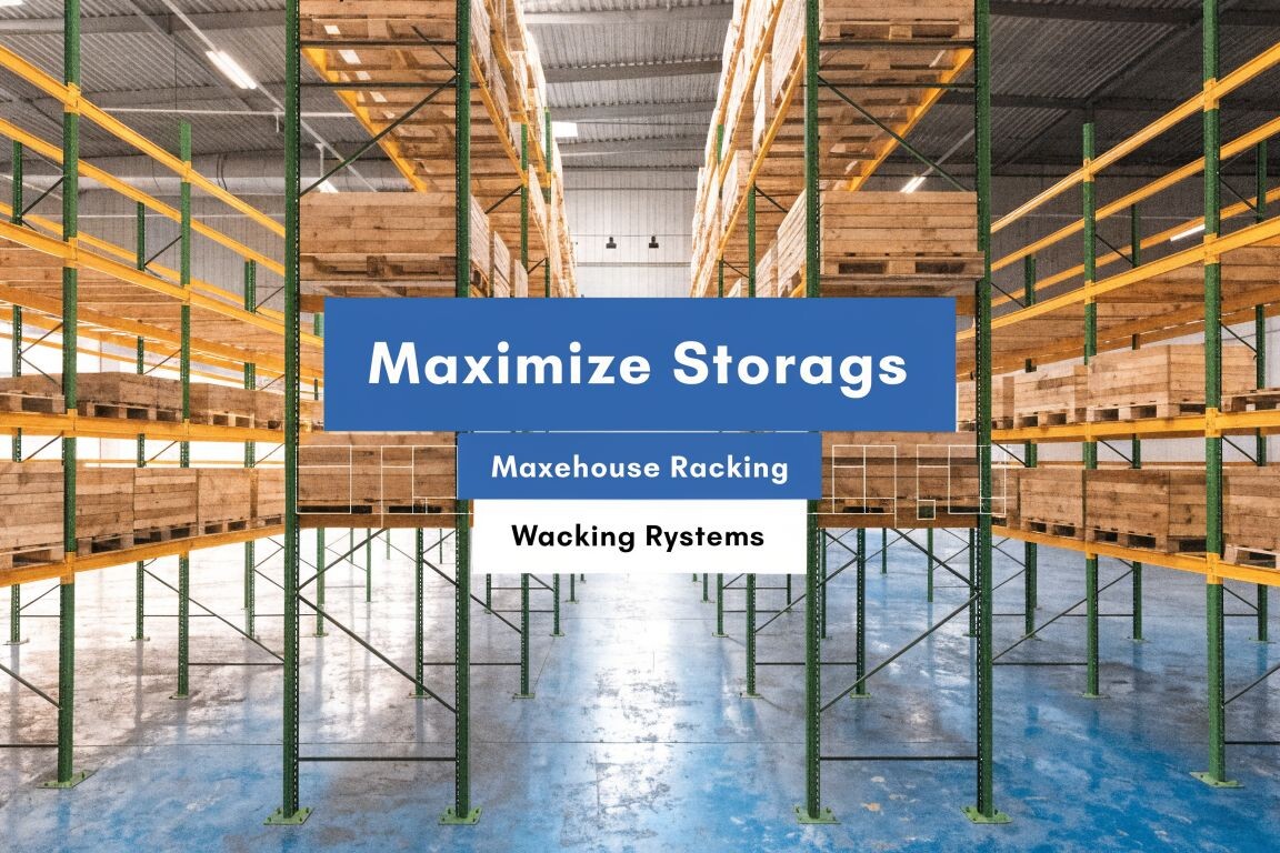 Empty warehouse shelves with wooden pallets and a blue sign in the center reading “Maximize Storags,” with smaller text below saying “Maxehouse Racking” and “Wacking Ryystems.”.