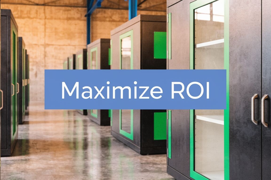 Rows of black cabinets with green accents in an industrial setting. A large blue rectangle in the center displays the text 