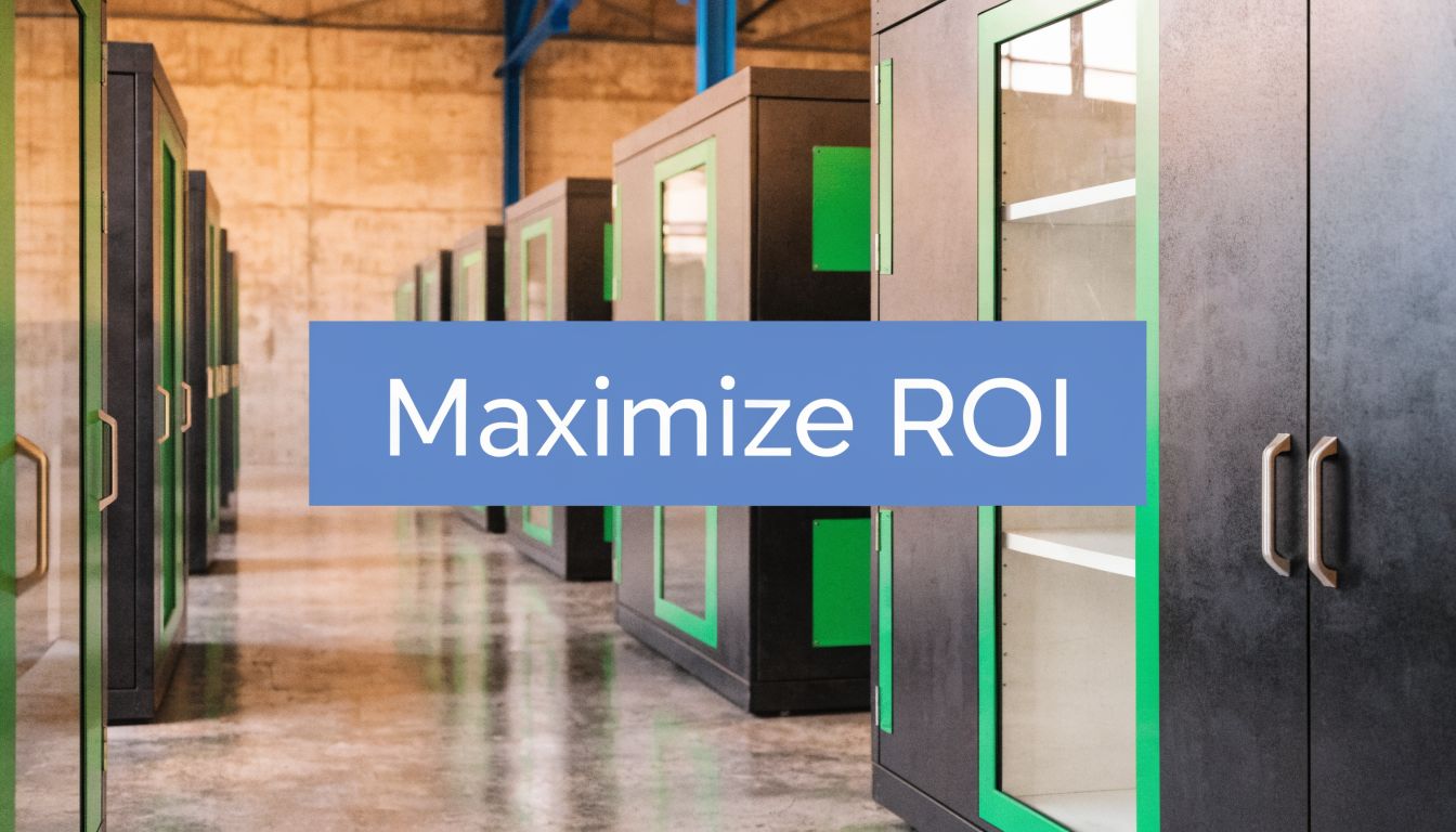 Rows of black cabinets with green accents in an industrial setting. A large blue rectangle in the center displays the text "Maximize ROI" in white letters.