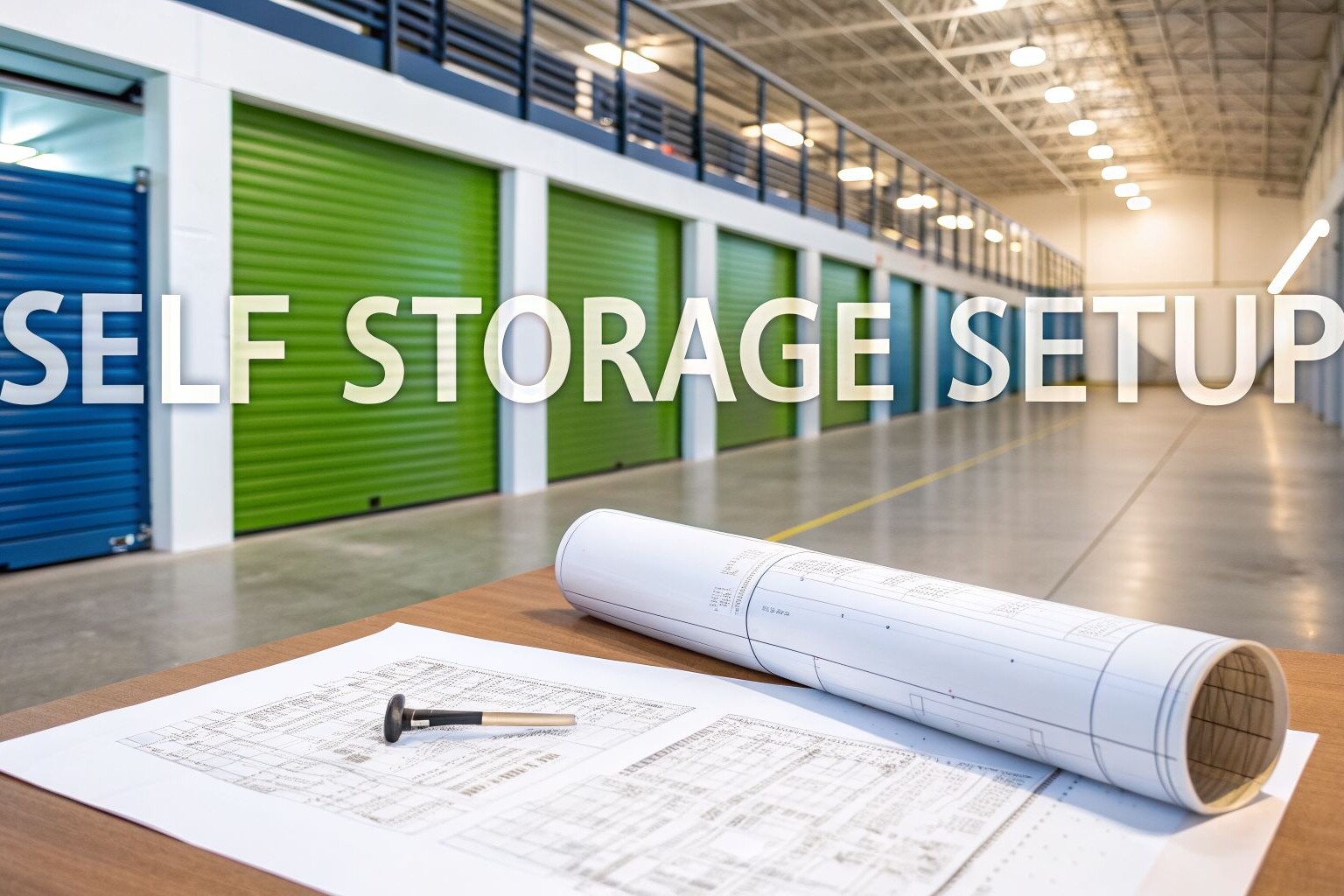 Blueprints and a fastener sit on a table in front of indoor storage units with blue and green doors; large text reads 