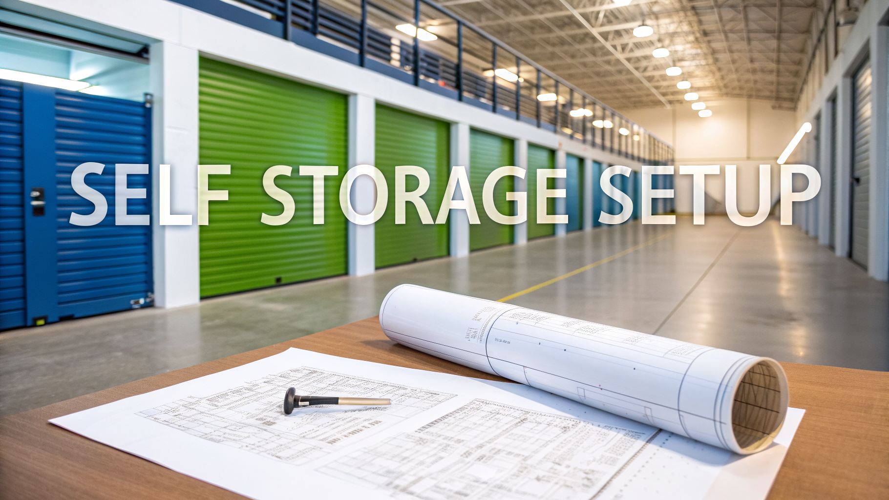 Blueprints and a fastener sit on a table in front of indoor storage units with blue and green doors; large text reads 