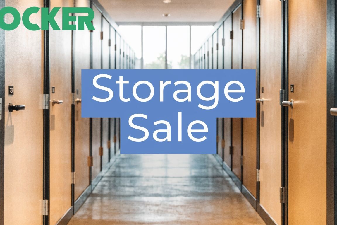 A hallway of storage unit doors with the word 