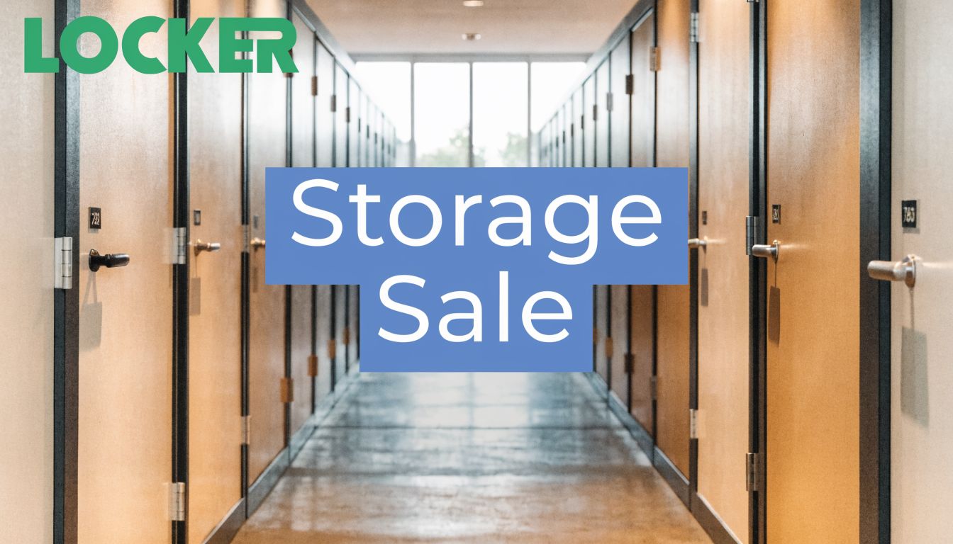 A hallway of storage unit doors with the word "LOCKER" in green at the top left and a blue box in the center reading "Storage Sale." Sunlight shines through large windows at the end of the corridor.