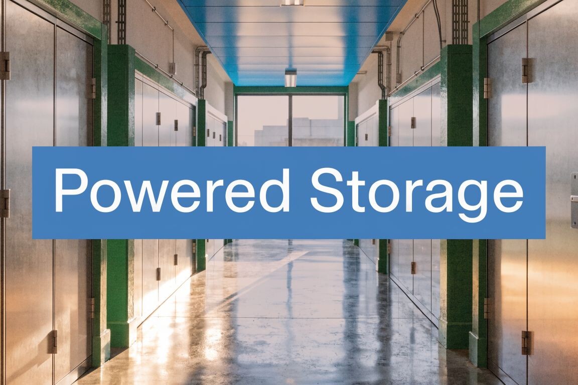 A hallway of storage units with metal doors and green trim, illuminated by sunlight through large windows at the end, with the words 