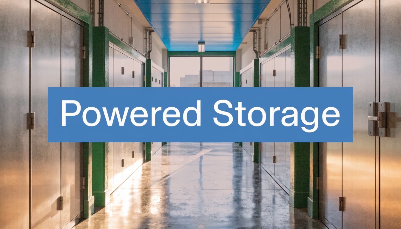 A hallway of storage units with metal doors and green trim, illuminated by sunlight through large windows at the end, with the words "Powered Storage" in bold white text over a blue rectangle in the center.