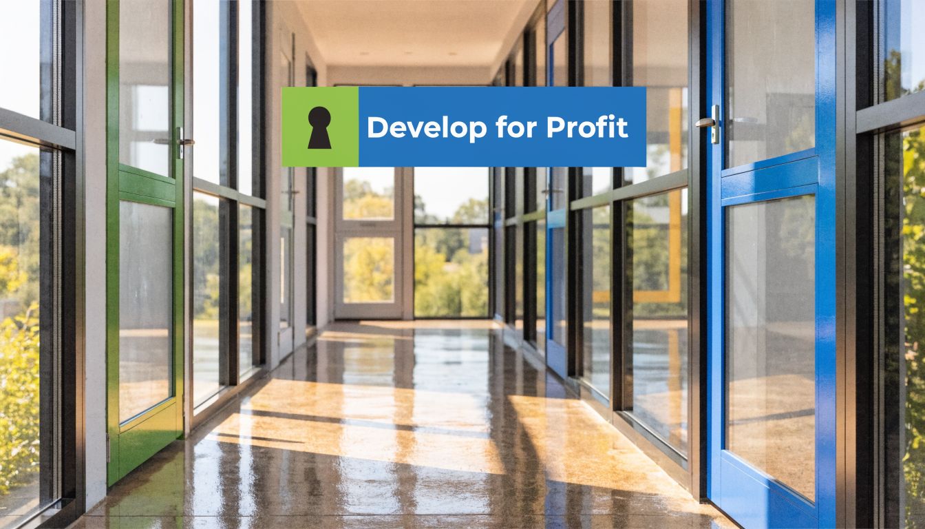 A bright hallway with colorful doors and a banner reading "Develop for Profit" overlaid on the image.