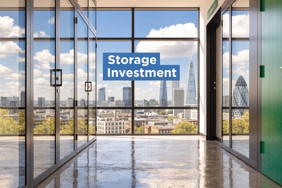 Modern office corridor with glass walls and cityscape view, including iconic London skyscrapers. 