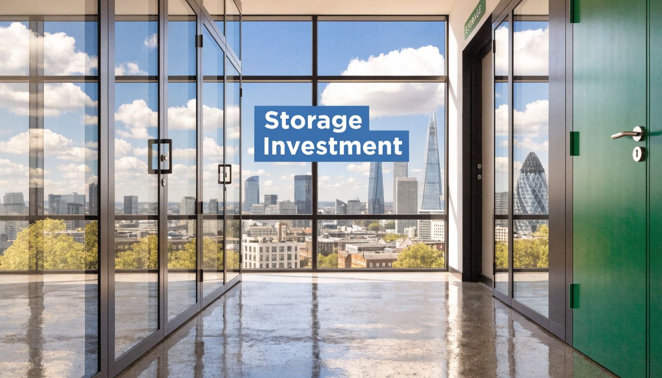 Modern office corridor with glass walls and cityscape view, including iconic London skyscrapers. "Storage Investment" text is centered on the image, and a green storage door is visible on the right.