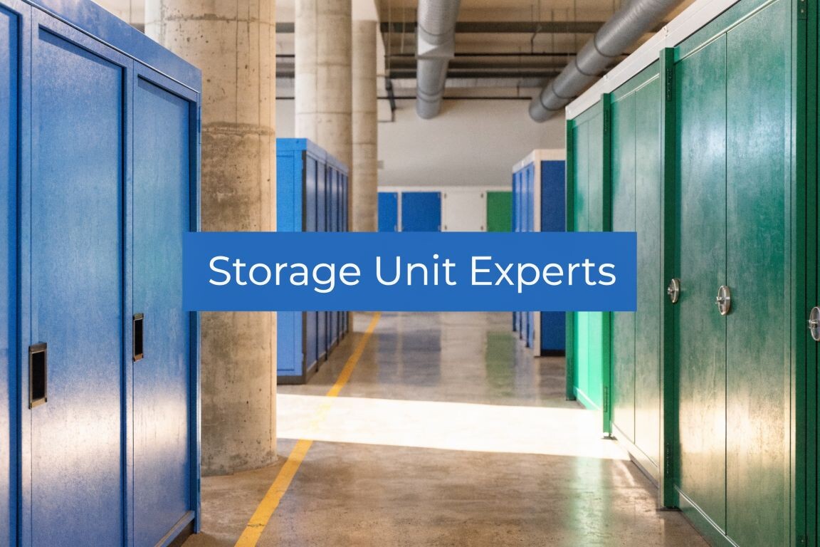 Brightly lit hallway with blue and green storage unit doors, concrete floor, and large columns. Text overlay in the center reads 