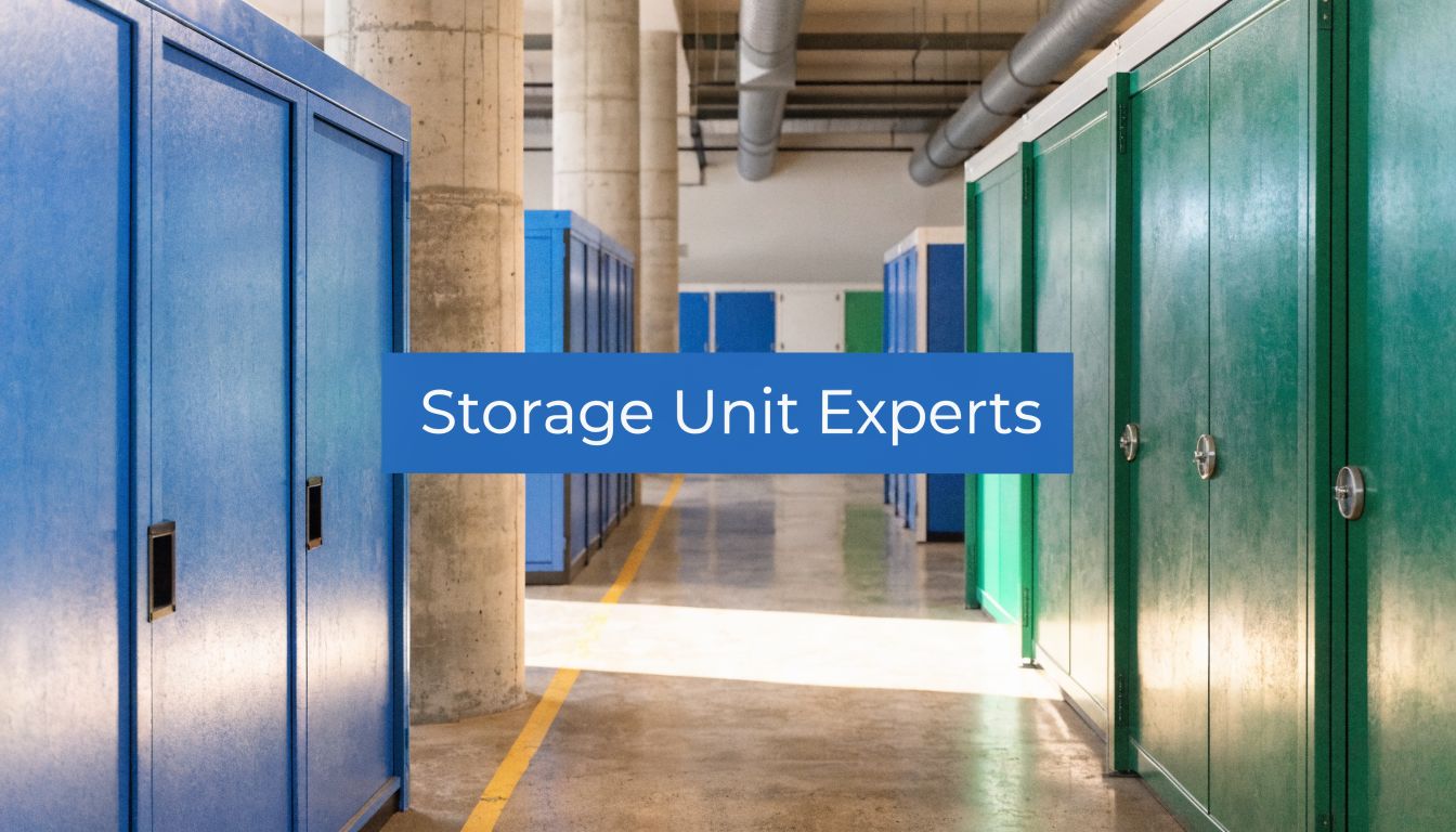 Brightly lit hallway with blue and green storage unit doors, concrete floor, and large columns. Text overlay in the center reads "Storage Unit Experts.