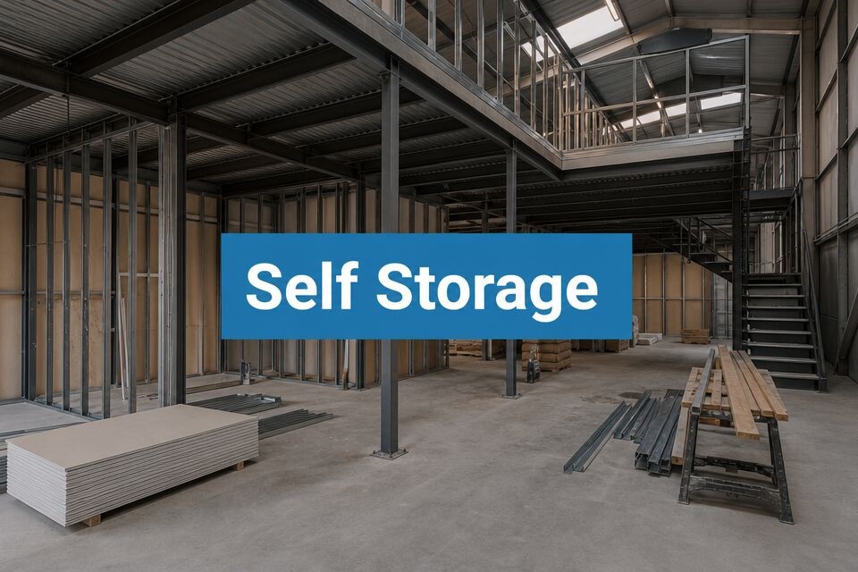 Interior of an unfinished industrial building with metal beams, drywall panels, and construction materials. A mezzanine level with stairs is visible. Overlaid text reads 