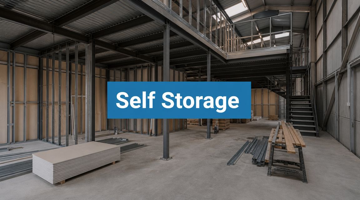 Interior of an unfinished industrial building with metal beams, drywall panels, and construction materials. A mezzanine level with stairs is visible. Overlaid text reads "Self Storage.