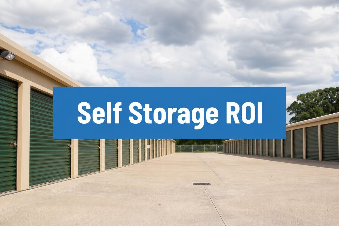 Outdoor self-storage facility with rows of green roll-up doors under a partly cloudy sky; large blue banner across center reads 