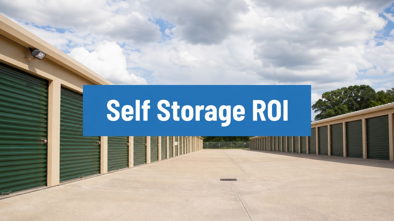 Outdoor self-storage facility with rows of green roll-up doors under a partly cloudy sky; large blue banner across center reads "Self Storage ROI.
