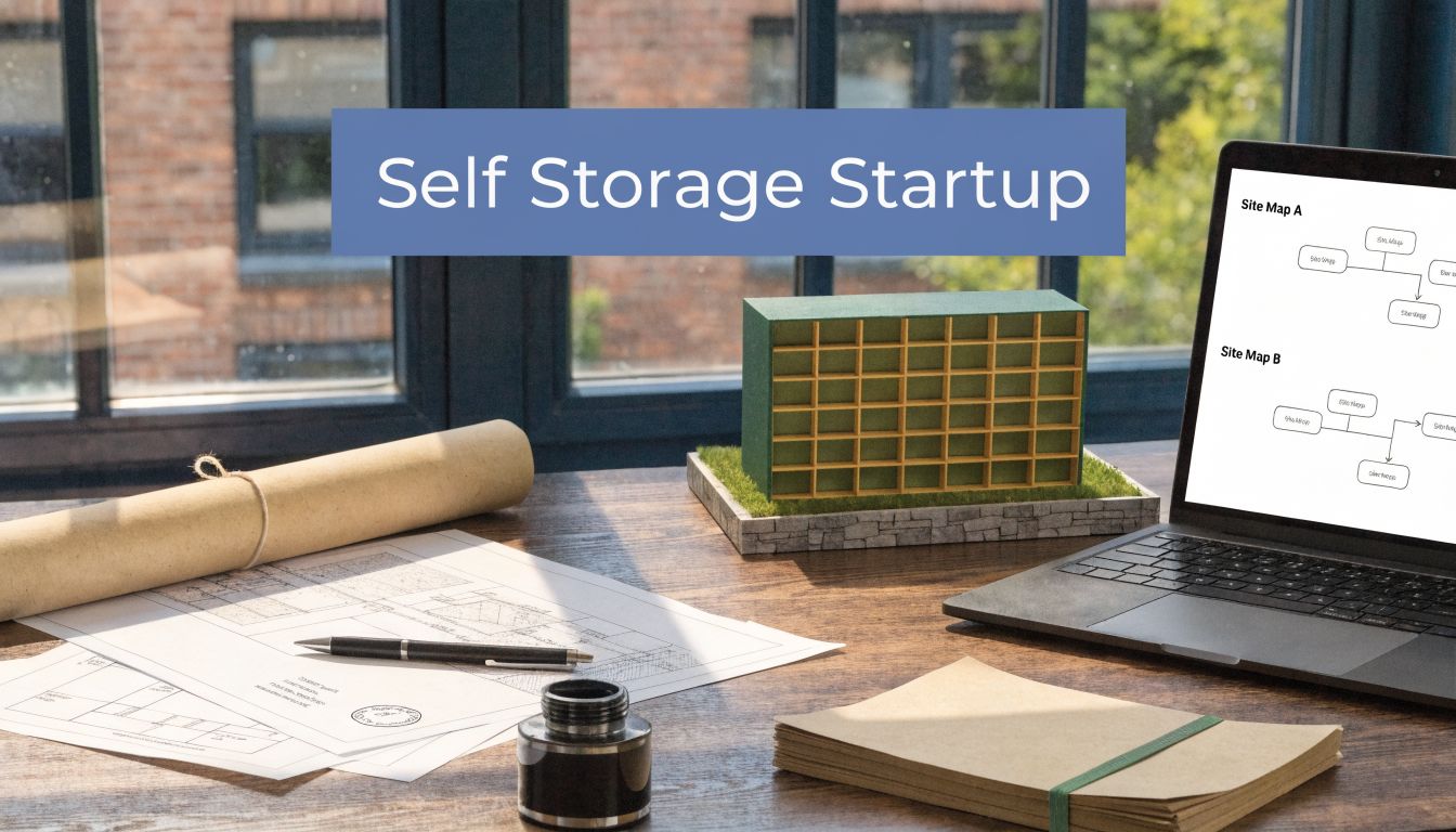 A workspace with storage facility plans, a model building, a laptop displaying site maps, and documents on a desk by a window. Text overlay reads "Self Storage Startup.