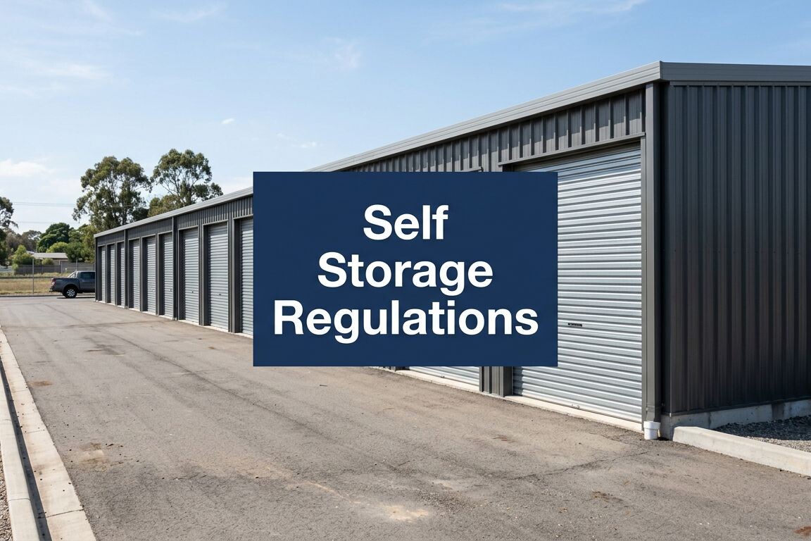Row of metal self-storage units with closed roll-up doors on a paved lot under a blue sky. Overlay text reads: 